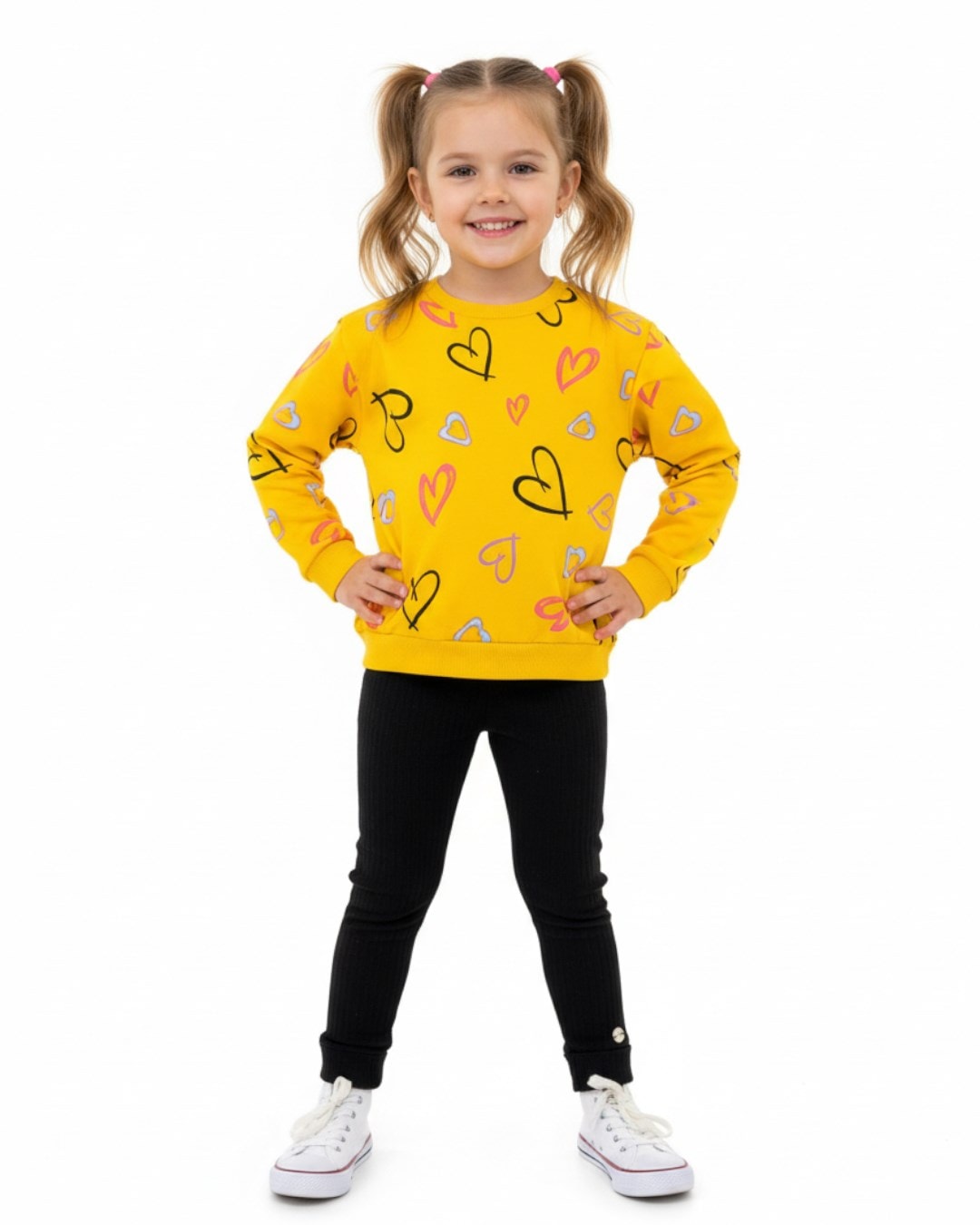 Kız Çocuk Kalp Baskılı Sweatshirtlü ve Taytlı 2-3-4-5-6 Yaş Mevsimlik Takım R2324 - SARI