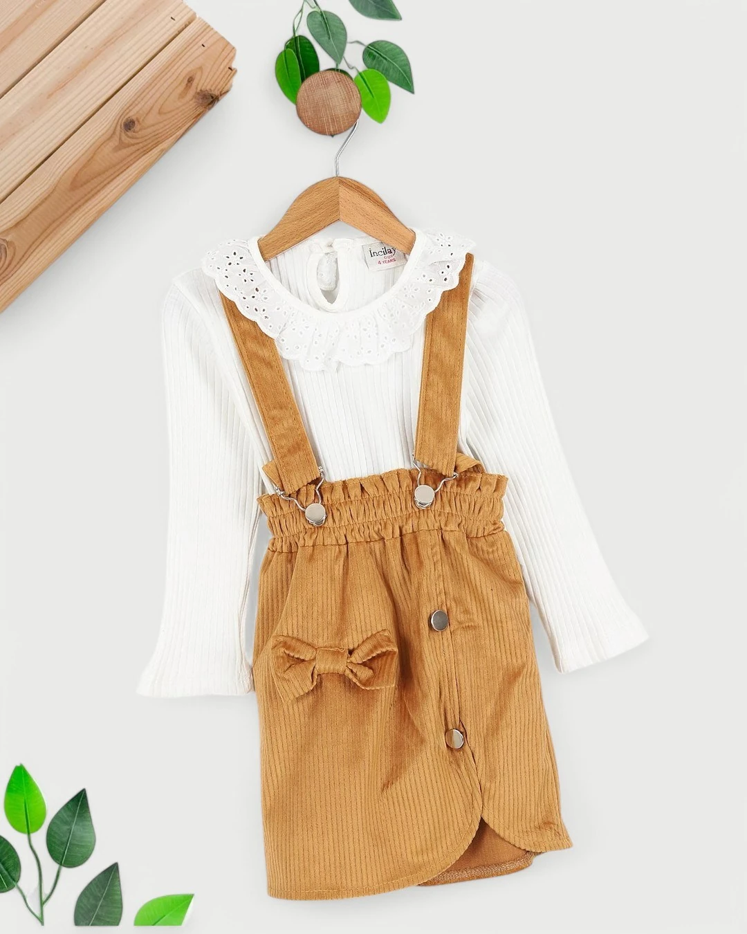 DAR KALIP ! KIZ ÇOCUK FİTİLLİ KADİFE ASKILIKLI ETEK VE BADİLİ ŞIK BAYRAMLIK ELBİSE R1592 - HARDAL