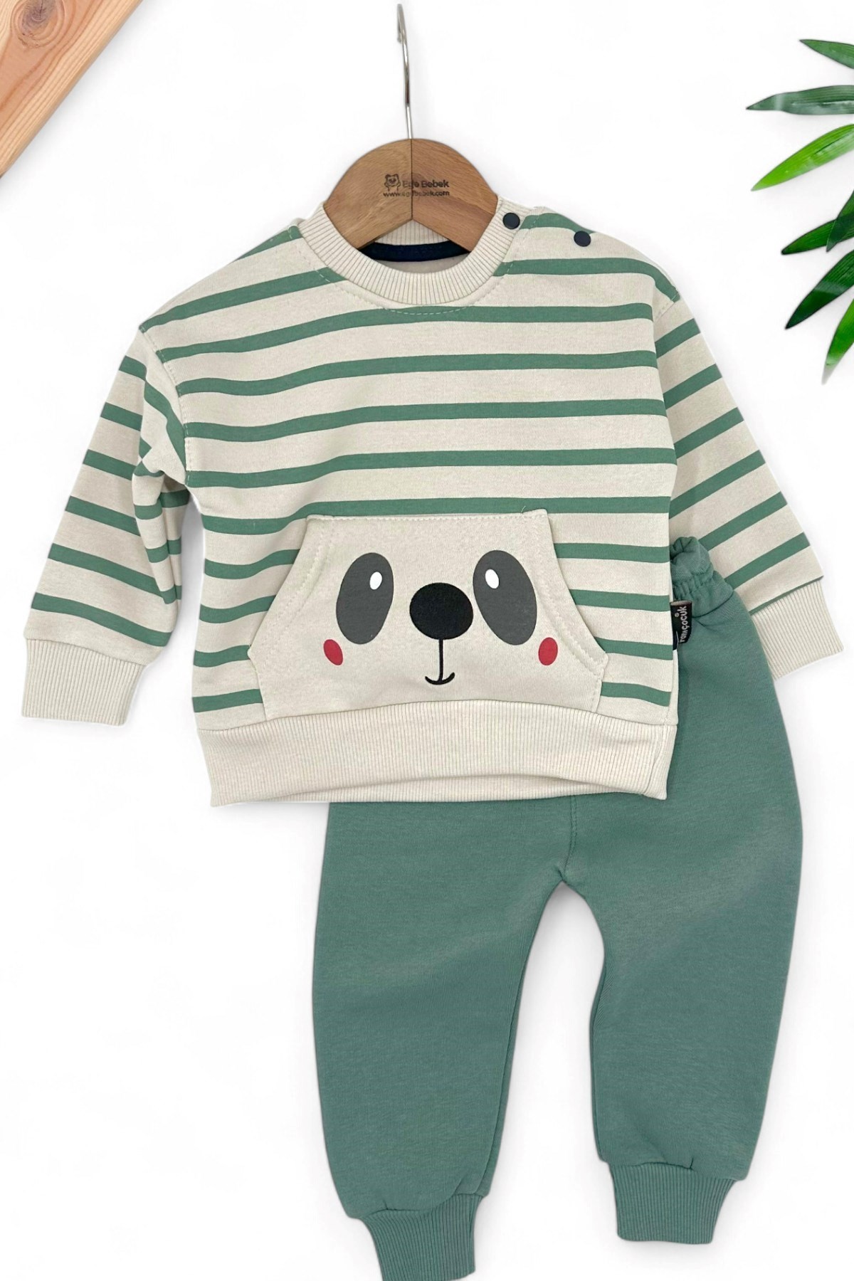 ERKEK ÇOCUK ÇİZGİLİ SEVİMLİ PANDA BASKILI KIŞLIK 3 İP ŞARDONLU POLARLI BEBEK TAKIMI R1455 - YEŞİL