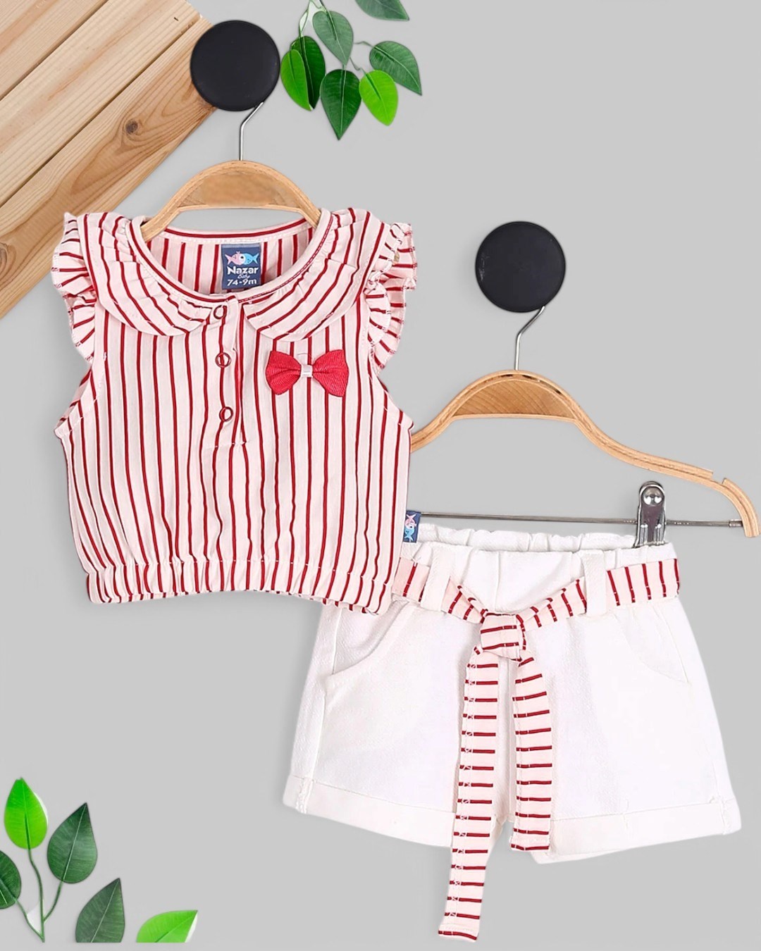 KIZ BEBEK ÇİZGİLİ BLUZLU MÜSLİN ŞORTLU KEMERLİ ŞIK BAYRAMLIK 6-9-12-18-24 AY BEBEK TAKIMI R1688 - KIRMIZI