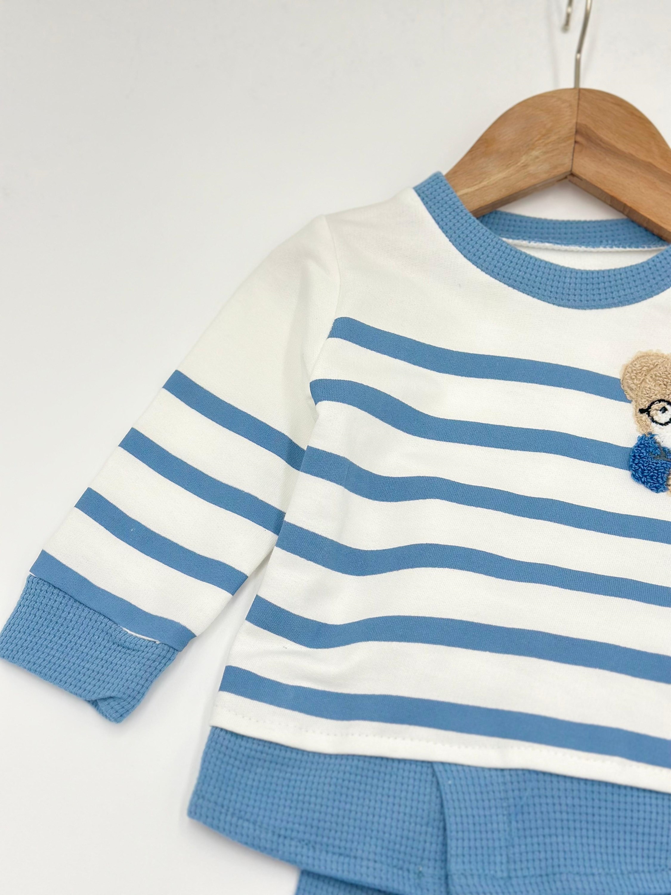 Erkek Bebek Takımı Ayıcık Nakışlı Mevsimlik Uzun Kollu Bisiklet Yaka Çizgili Sahte Gömlekli Takım R632