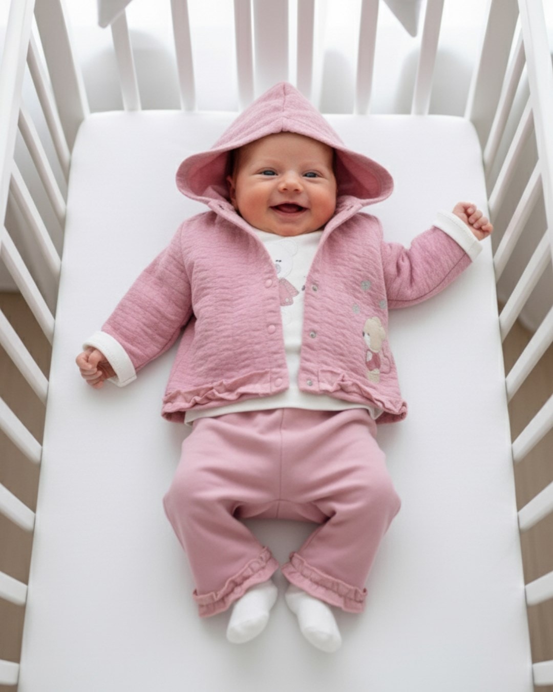 Yeni Doğan 0-3-6-9-12 Ay Kız Bebek Ayıcık İşlemeli Kapüşonlu 3'lü Takım | %100 Pamuk R2222 - GÜL KURUSU