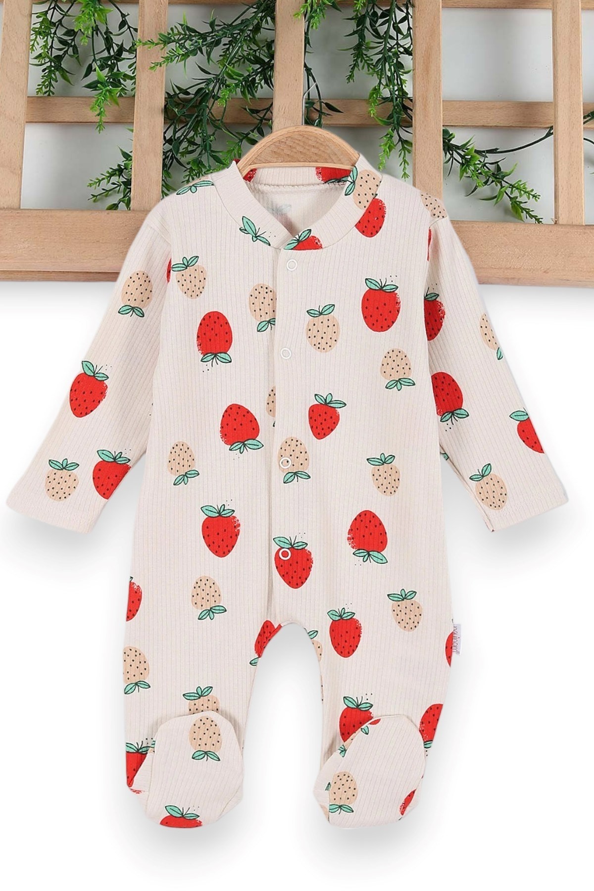 KIZ BEBEK FİTİLLİ PATİKLİ ÇİLEK BASKILI 0-6 AY YENİ DOĞAN MEVSİMLİK TULUMU R954 - KREM