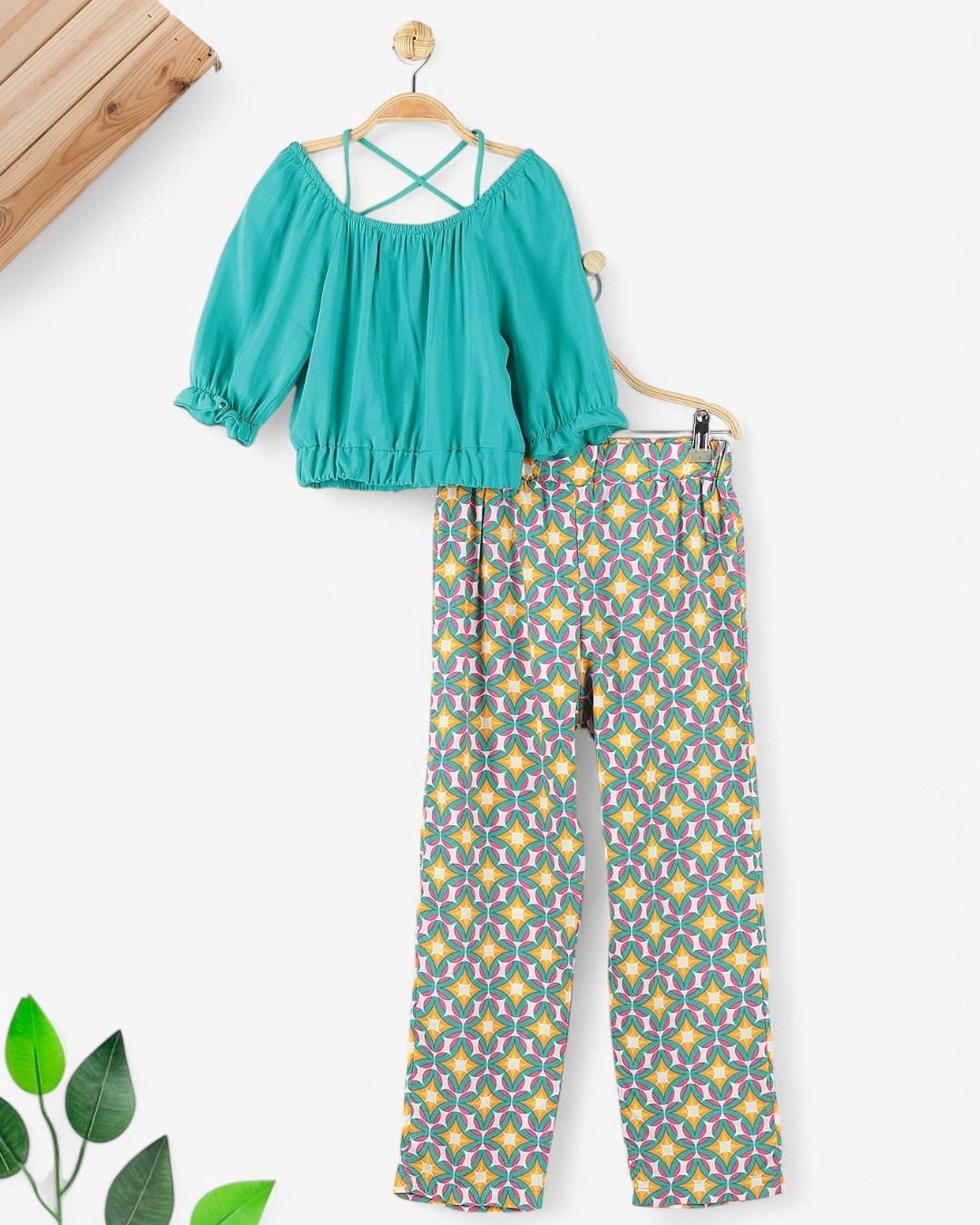 KIZ ÇOCUK YAZLIK ETNİK DESEN PANTALONLU 6-7-8-9-10 YAŞ BOL PAÇALI ŞIK TAKIM R1717 - PETROL