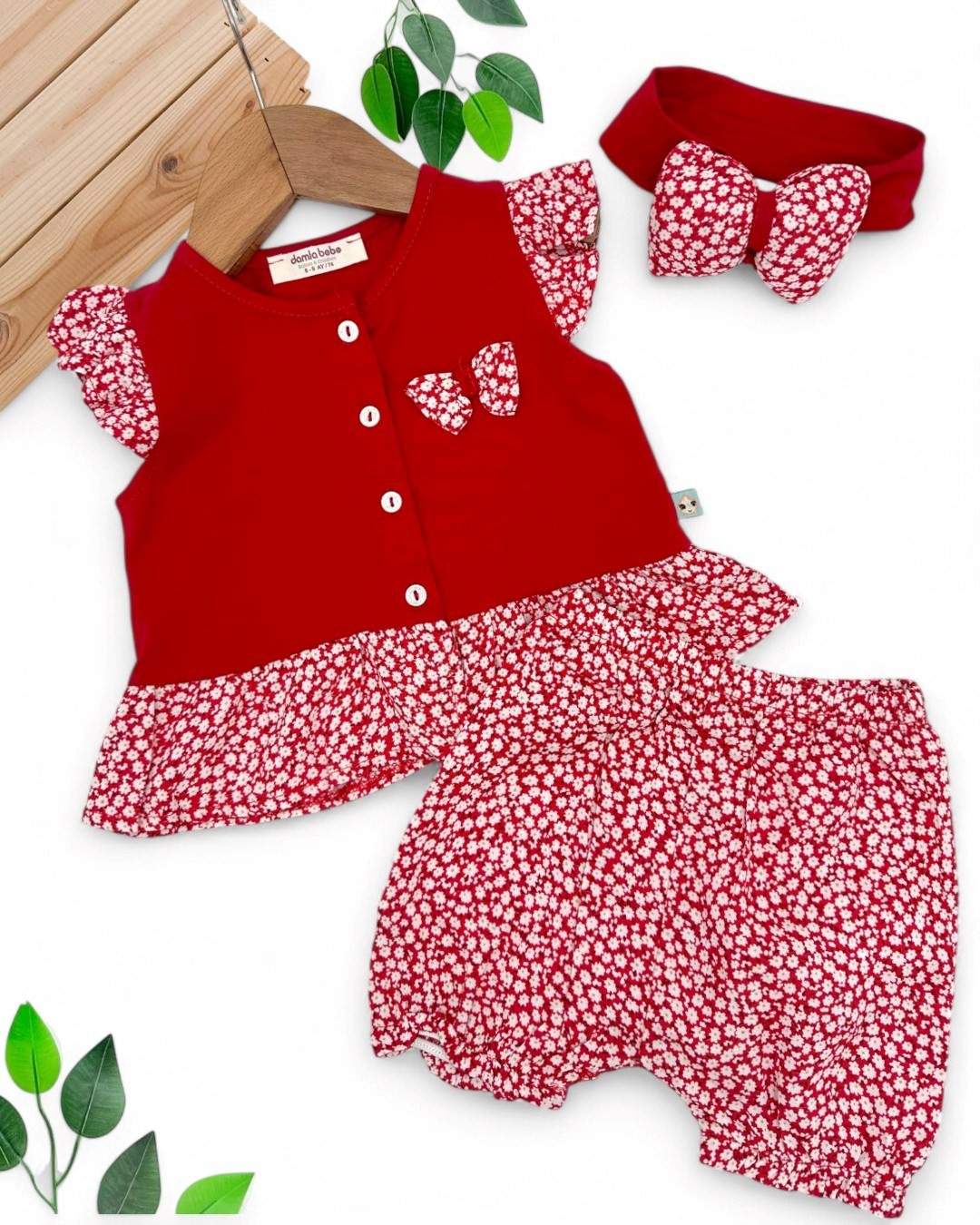 KIZ BEBEK YAZLIK BANDANALI 6-9-12-18-24 AY ÇİÇEK DESENLİ 3'LÜ ŞIK ŞORTLU TAKIM R1677 - KIRMIZI