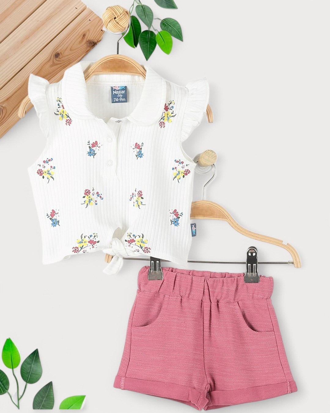 KIZ BEBEK YAZLIK ÇİÇEK BASKILI BLUZLU MÜSLİN ŞORTLU 6-9-12-18-24 AY KIZ BEBEK TAKIMI  R1698 - BEYAZ