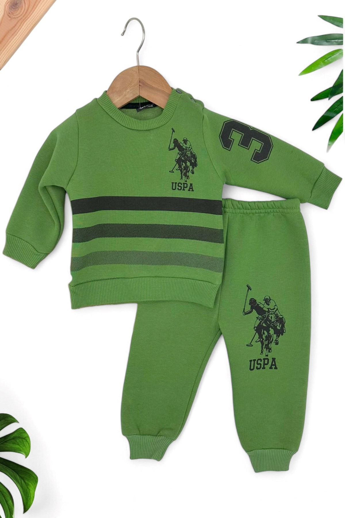 ERKEK BEBEK USPA BASKILI 3 İP ŞARDONLI KIŞLIK ALT ÜST TAKIM 3-6-9-12-18-24 AY R1311 - YEŞİL