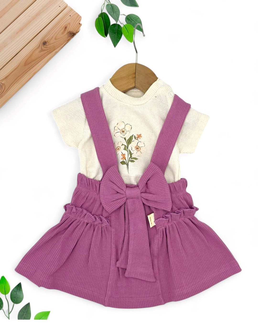 KIZ BEBEK FİTİLLİ YAZLIK FİYONK DETAYLI SALOPET ELBİSE VE İÇ T-SHIRT SETİ 9-24 AY R897