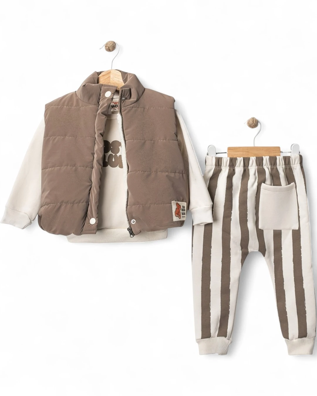 Erkek Bebek Yelekli Şık Kombin, 6-9-12-18-24 Aylık 3 Parçalı Şişme Yelekli Alt Üst Bebek Takımı R2344