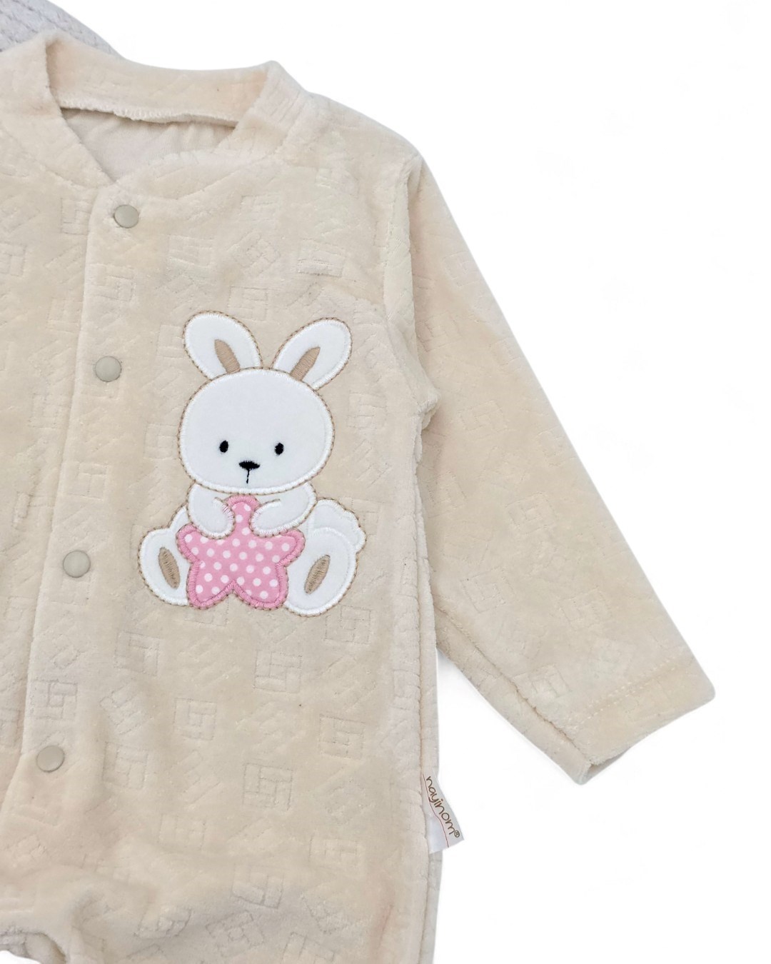Kız Bebek Kışlık Tavşan Desenli 0-1-3-6 Ay Kadife Çıtçıtlı Tulum R2161
