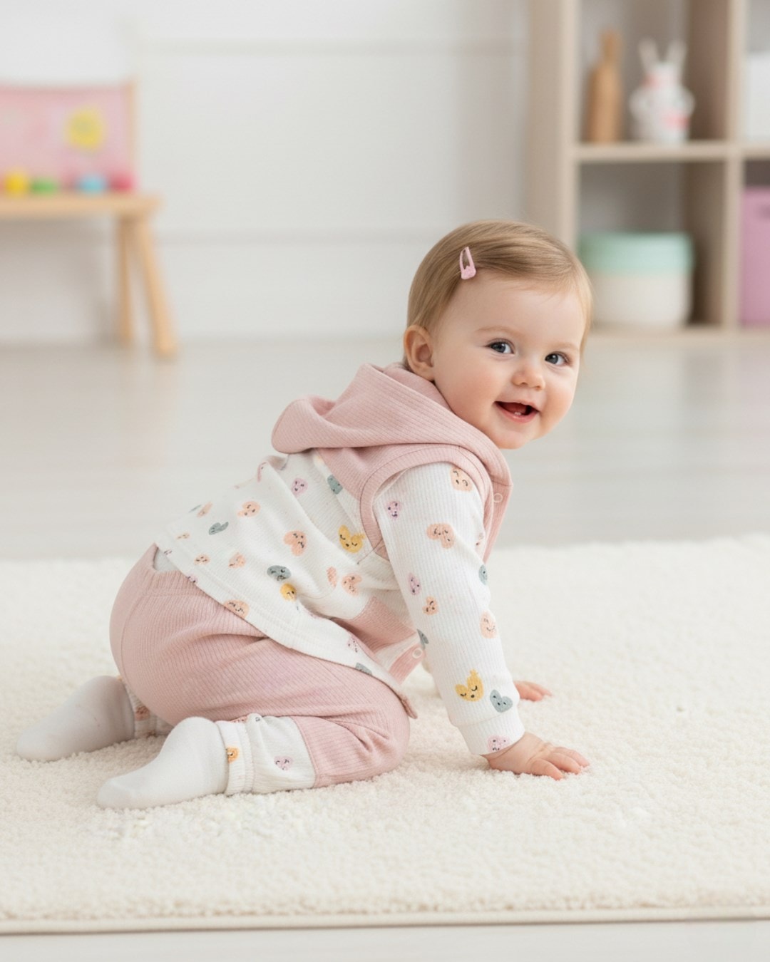 Kız Bebek Fitilli Kalp Baskılı Yelekli 3 Parça Şirin 6-12 Ay Bebek Takımı R2170