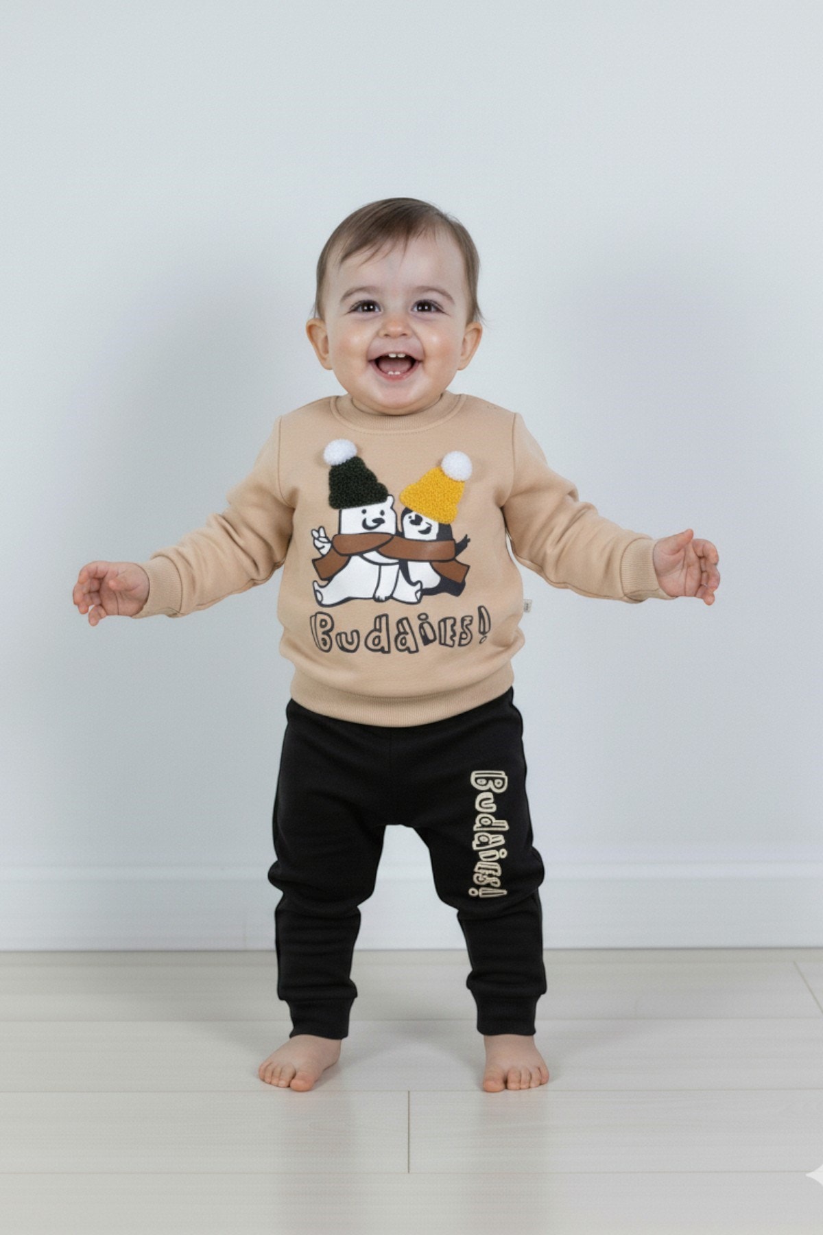 Erkek Bebek Mevsimlik Bisiklet Yaka Uzun Kollu Erkek Bebek Takımı 6-24 Ay R962 - KREM