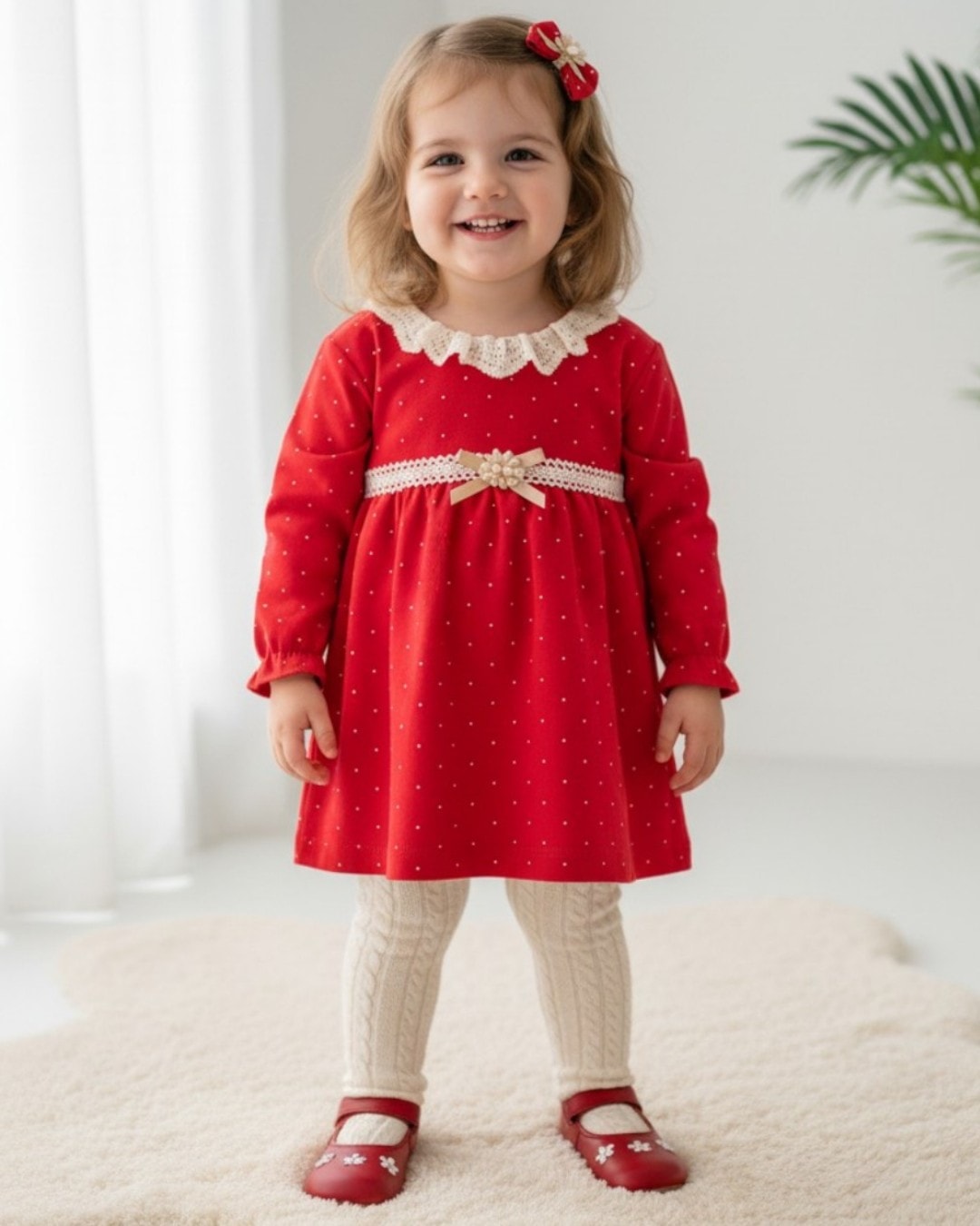 Kız Bebek 6-9-12-18-24-36 Ay, Dantel Detaylı Kırmızı Puantiyeli Elbise, %100 Pamuklu, Mevsimlik  R1457