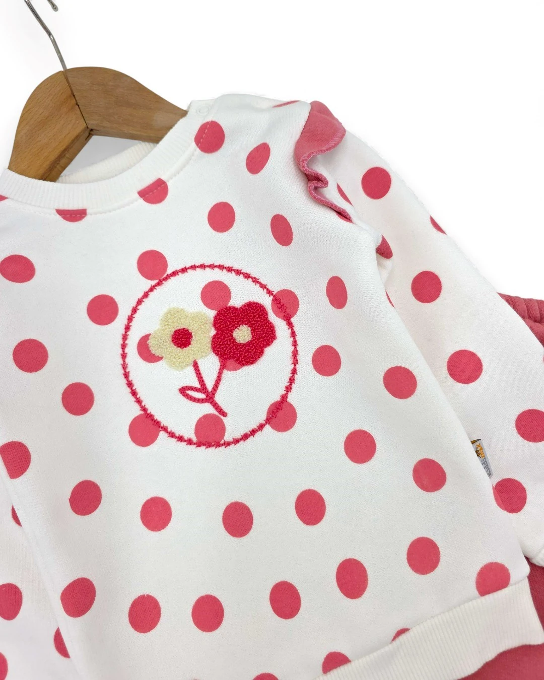 Kız Bebek Puantiyeli Nakışlı, Kışlık 3 İp Şardonlu 6-9-12-18-24 Aylık Alt Üst Bebek Takımı R2392