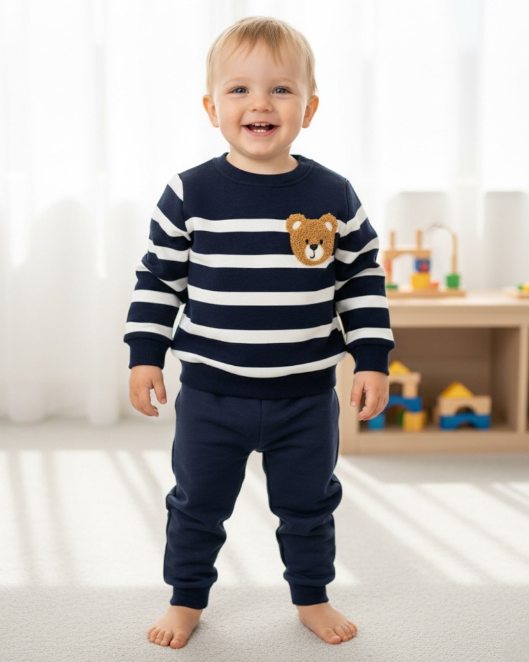 Erkek Bebek Çizgili 1-2-3 Yaş, Ayıcık Nakışlı Kışlık 3 İp Şardonlu Alt Üst Eşofman Takımı R2335 - LACİVERT