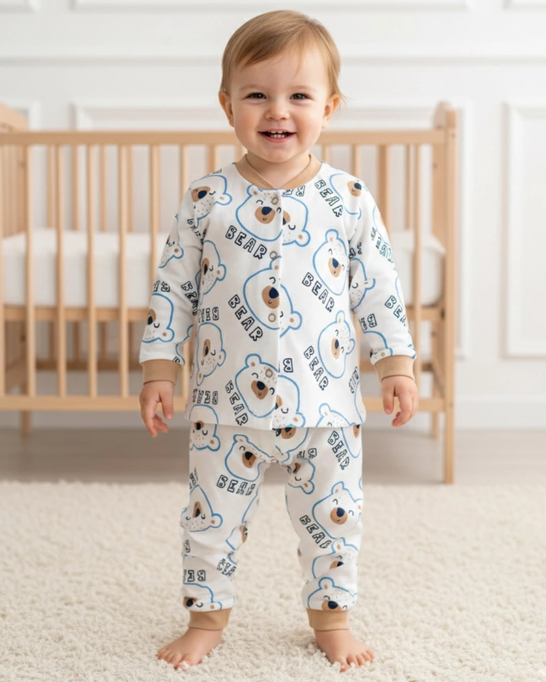 Erkek Bebek Ayıcık Baskılı Mevsimlik %100 Pamuklu Çıtçıtlı Gecelik Pijama Takımı l 6-24 Ay R2252