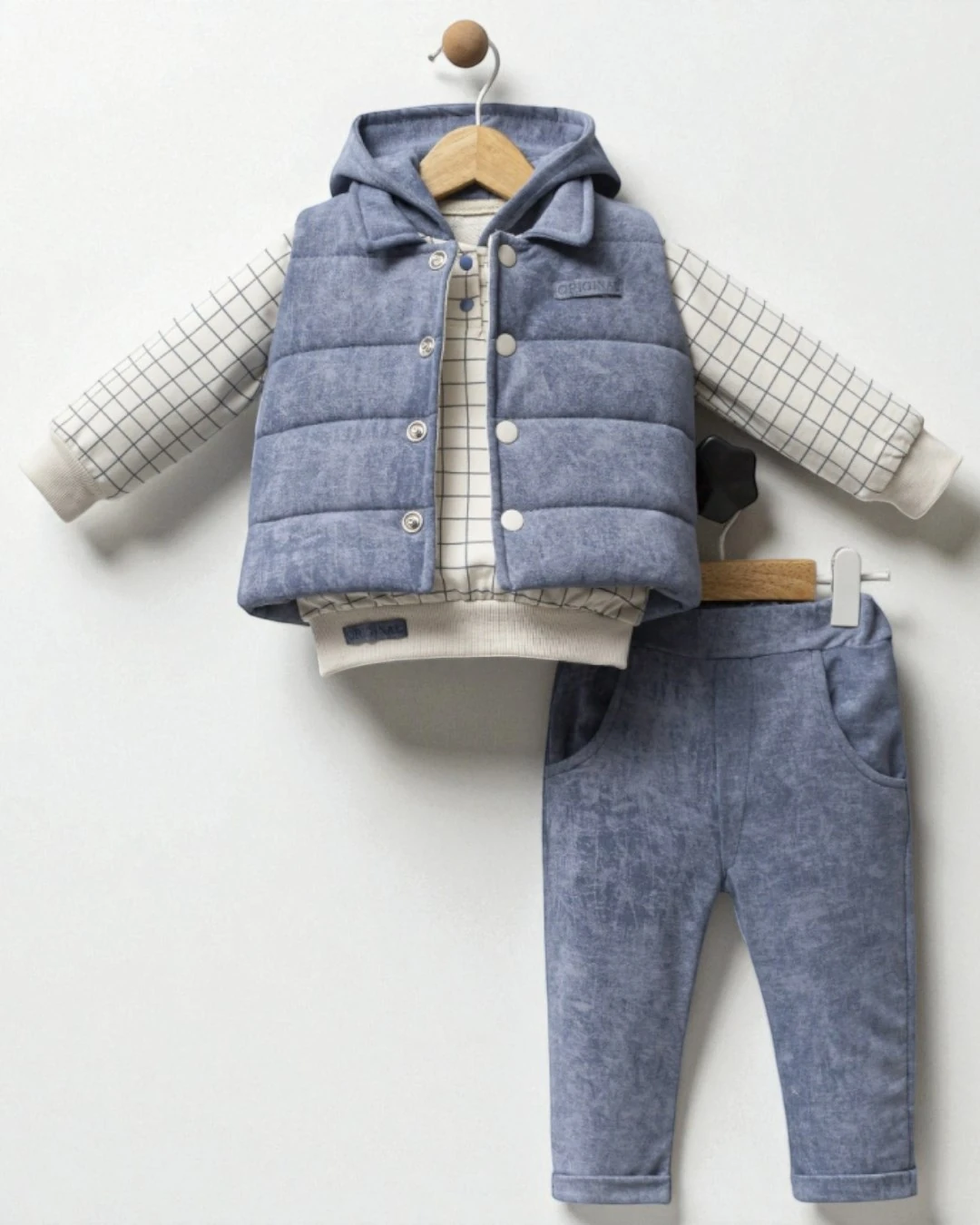 Erkek Bebek 3'lü Kapüşonlu Yelekli Şık Bebek Kombini, 1-2-3-4 Yaş 3'lü Bebek Alt Üst Takımı R2351