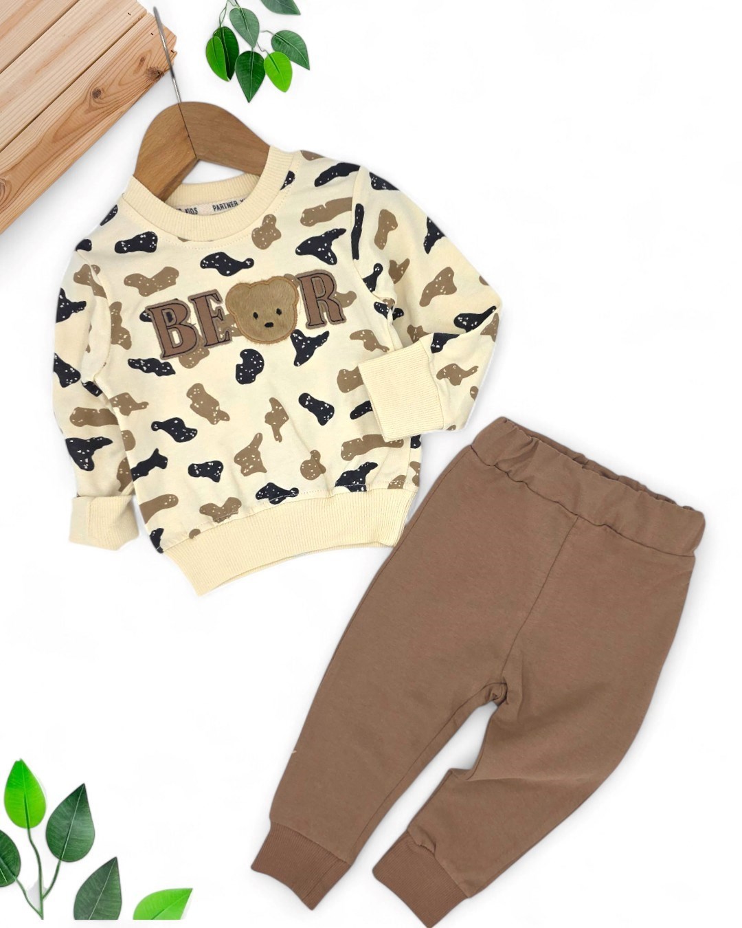 Erkek Bebek Bear Nakışlı Mevsimlik 2’li Takım - Uzun Kollu Sweatshirt ve Pantolon 6-24 Ay R1980