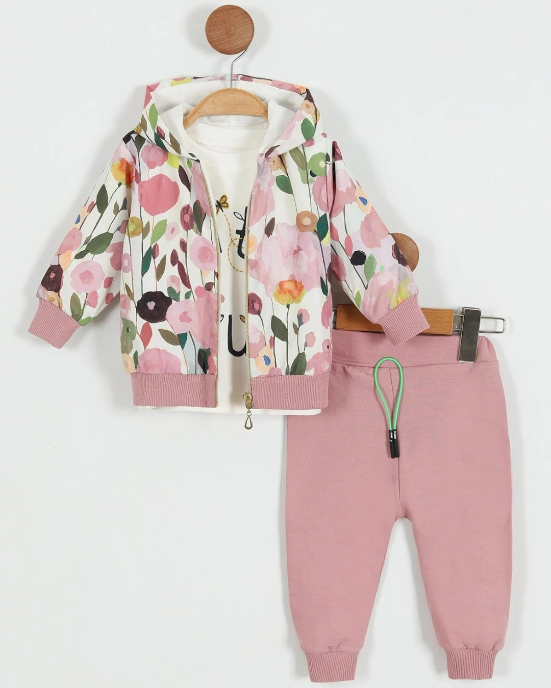 Kız Bebek Yağmurluklu Kapüşonlu, 3 Parça Mevsimlik Alt Üst Takım l 3-6-9-12-18 Ay R2227