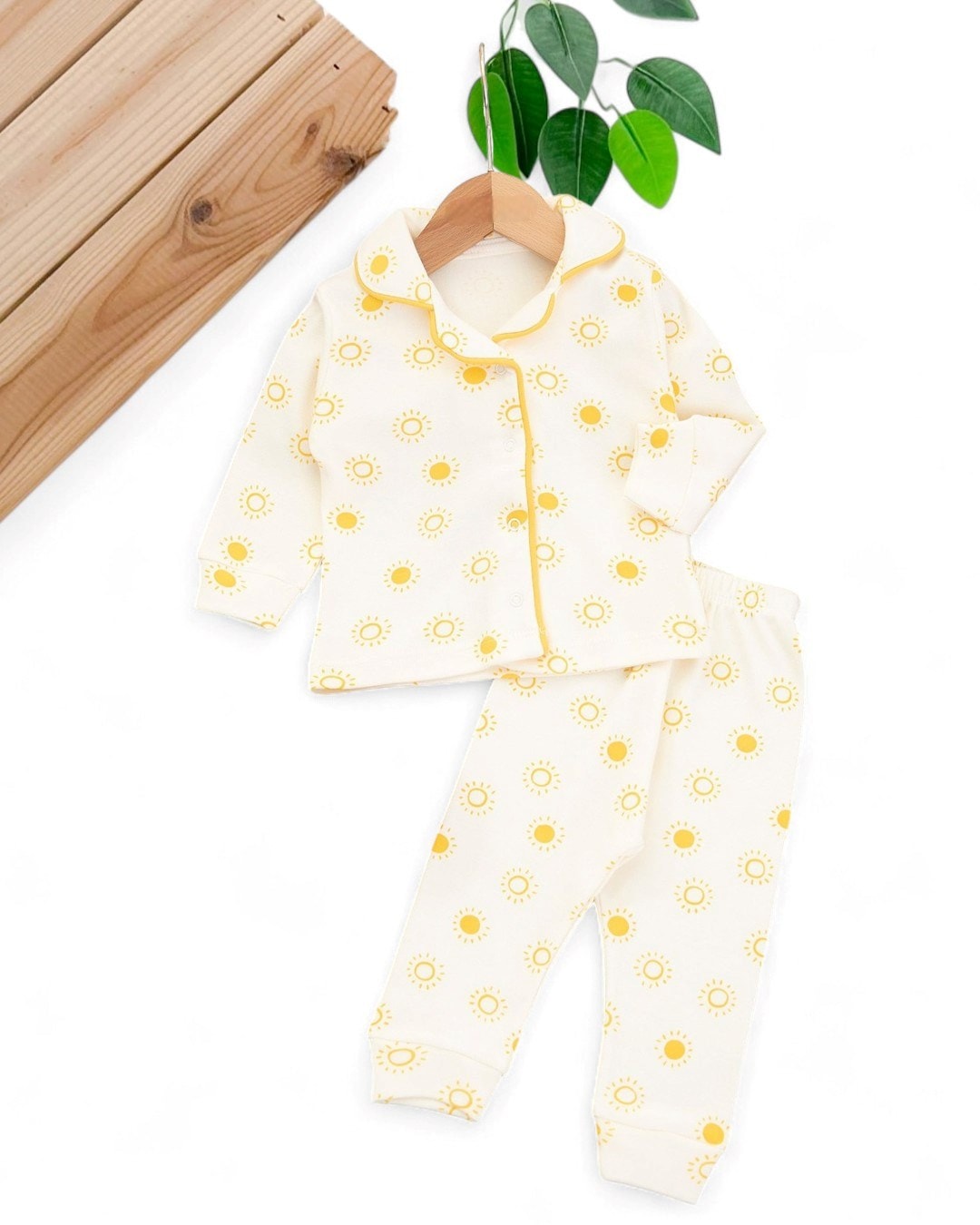 Güneş Baskılı Kruvaze Yakalı 3-6-9-12 Ay %100 Pamuklu Pijama Takımı l Gecelik Takımı R2042