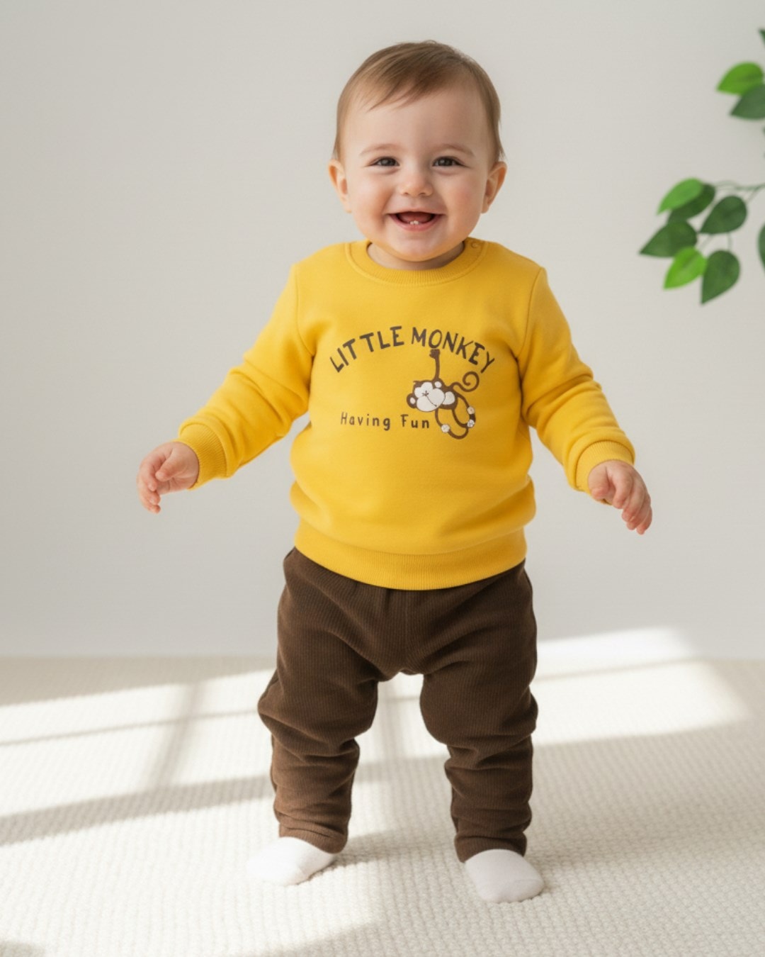 Erkek Bebek Kadife Pantalonlu, Hafif Şardonlu 2 İplik Sweathirt, 3-6-9-12-18-24 Ay 2'li Şık Takım R2135 - SARI