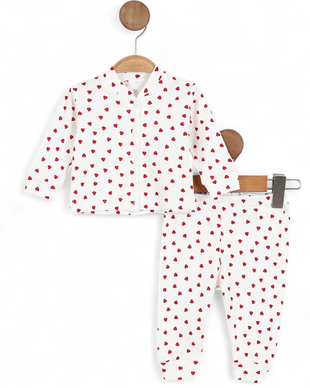 Kız Bebek Kalp Baskılı İnce Fitilli Gecelik Pijama Takımı Çıtçıtlı  Alt Üst Takım  R1474 - BEYAZ