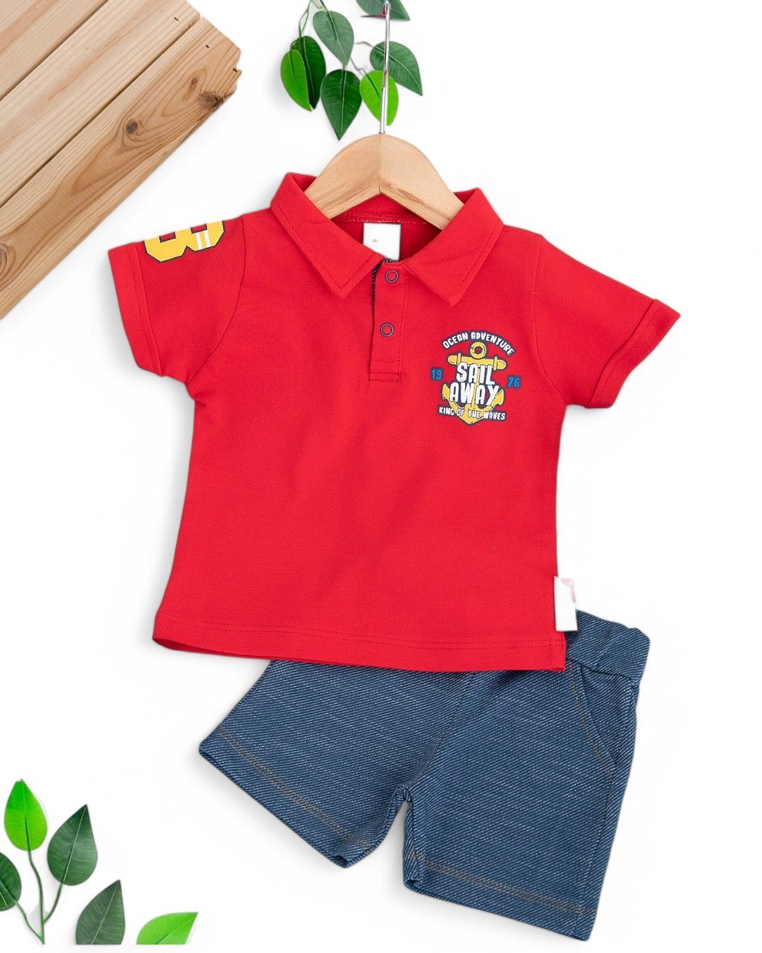 ERKEK BEBEK YAZLIK POLO YAKALI YUMUŞAK KOT ŞORTLU 6-9-12-18-24 AY BEBEK TAKIMI R1696 - KIRMIZI