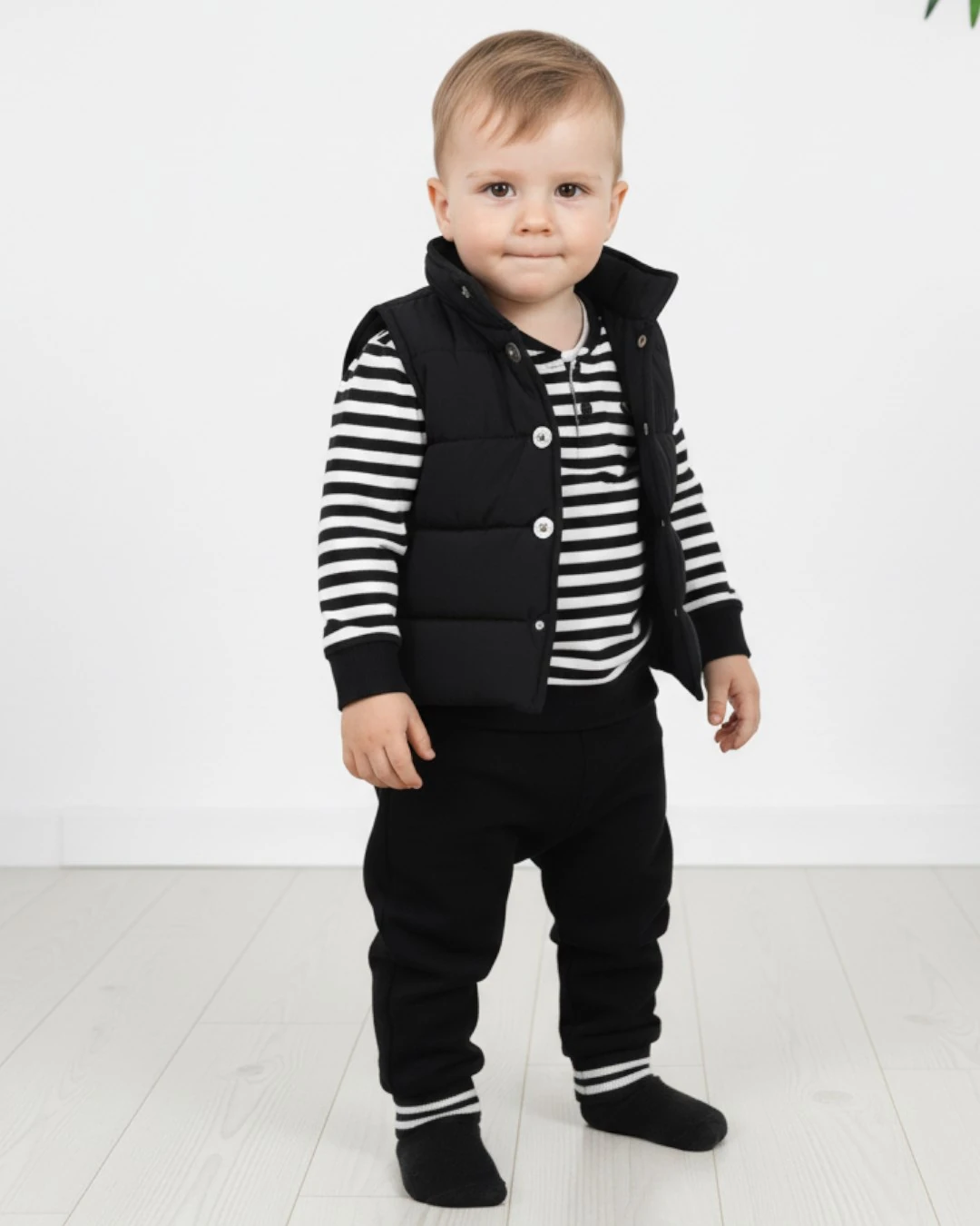 Erkek Çocuk Siyah Çizgili Mevsimlik 3 Parça Şişme Yelekli Alt Üst Cool Bebek Takımı R1441