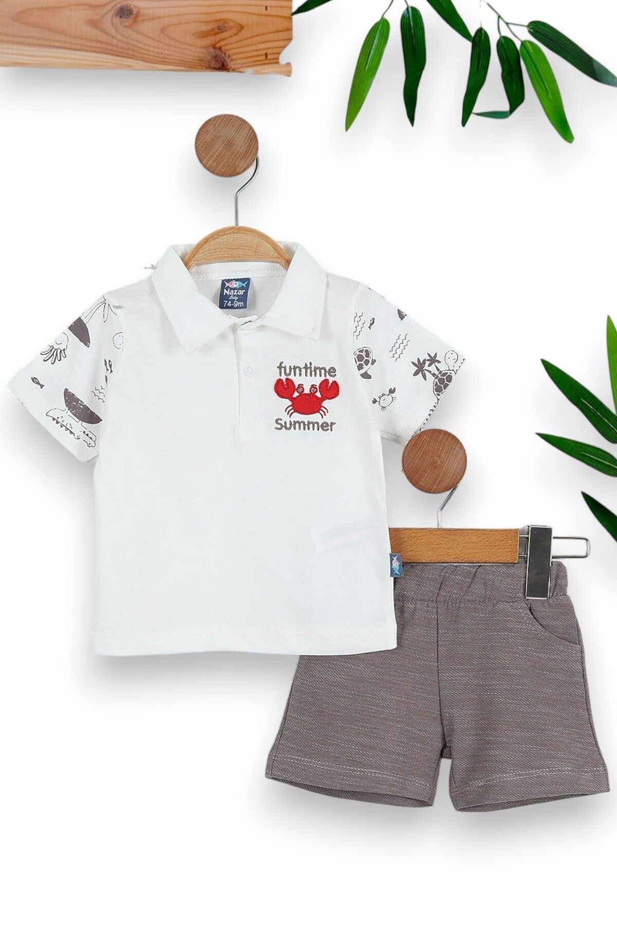 ERKEK BEBEK YAZLIK POLO YAKALI YENGEÇ NAKIŞLI DOKUMA ŞORTLU 6-24 BEBEK TAKIMI R902 - BEYAZ