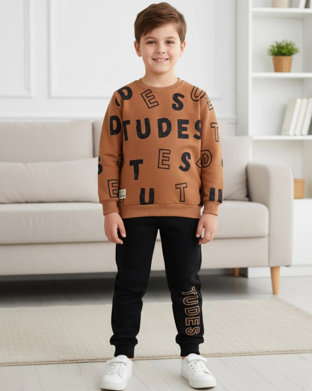 Erkek Çocuk Baskılı 3 İp Şardonlu Kışlık 6-7-8-9-10 Yaş Eşofmn Takımı / Sweatshirt ve Eşofman Altı R2279 - KİREMİT