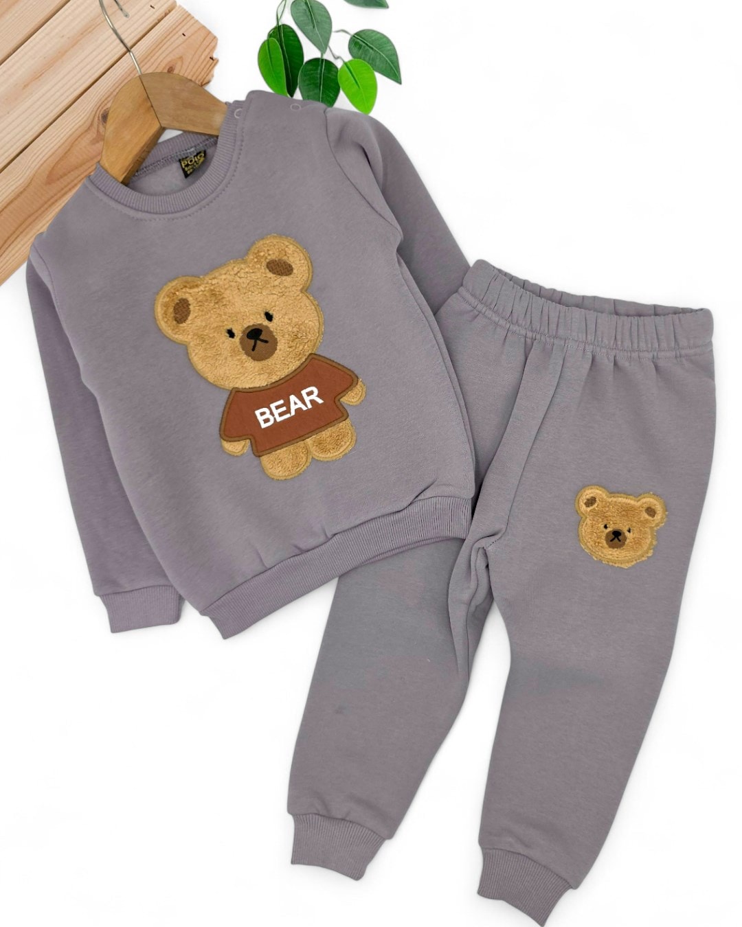 Erkek Bebek Süzene Ayıcık Nakışlı 6-9-12-18-24 Ay 3 İP Şardonlu Kışlık Alt Üst Bebek Takımı R2276