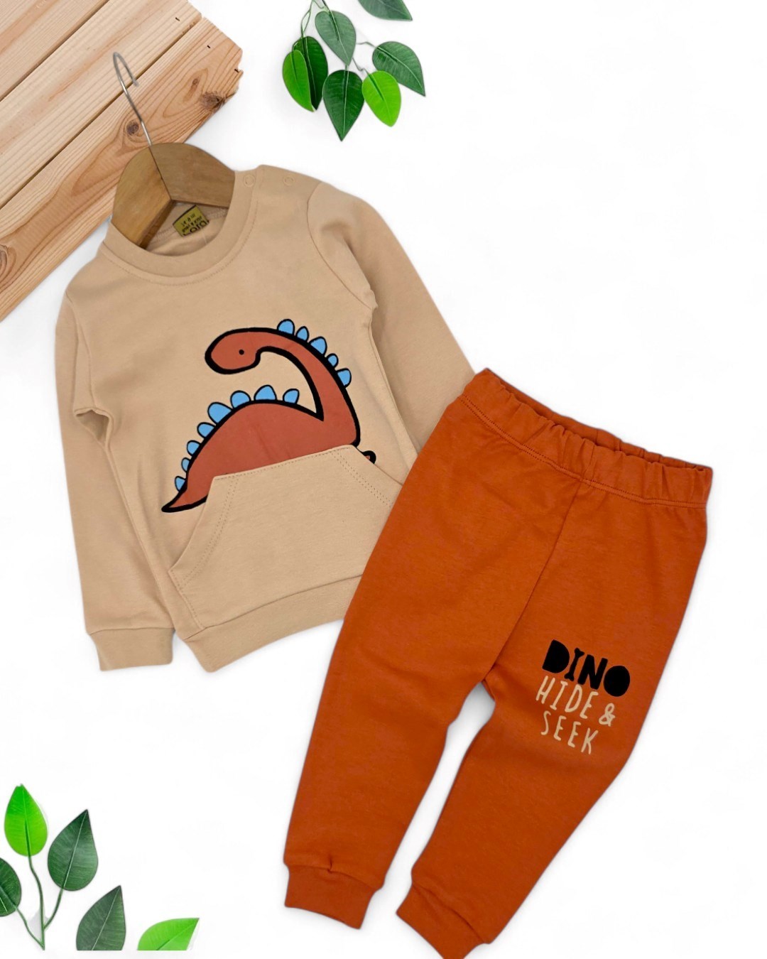 Erkek Bebek Dinozor Baskılı Mevsimlik 6-9-12-18-24 Ay İnce Baskılı Erkek Bebek Takımı R2136 - KAHVERENGİ