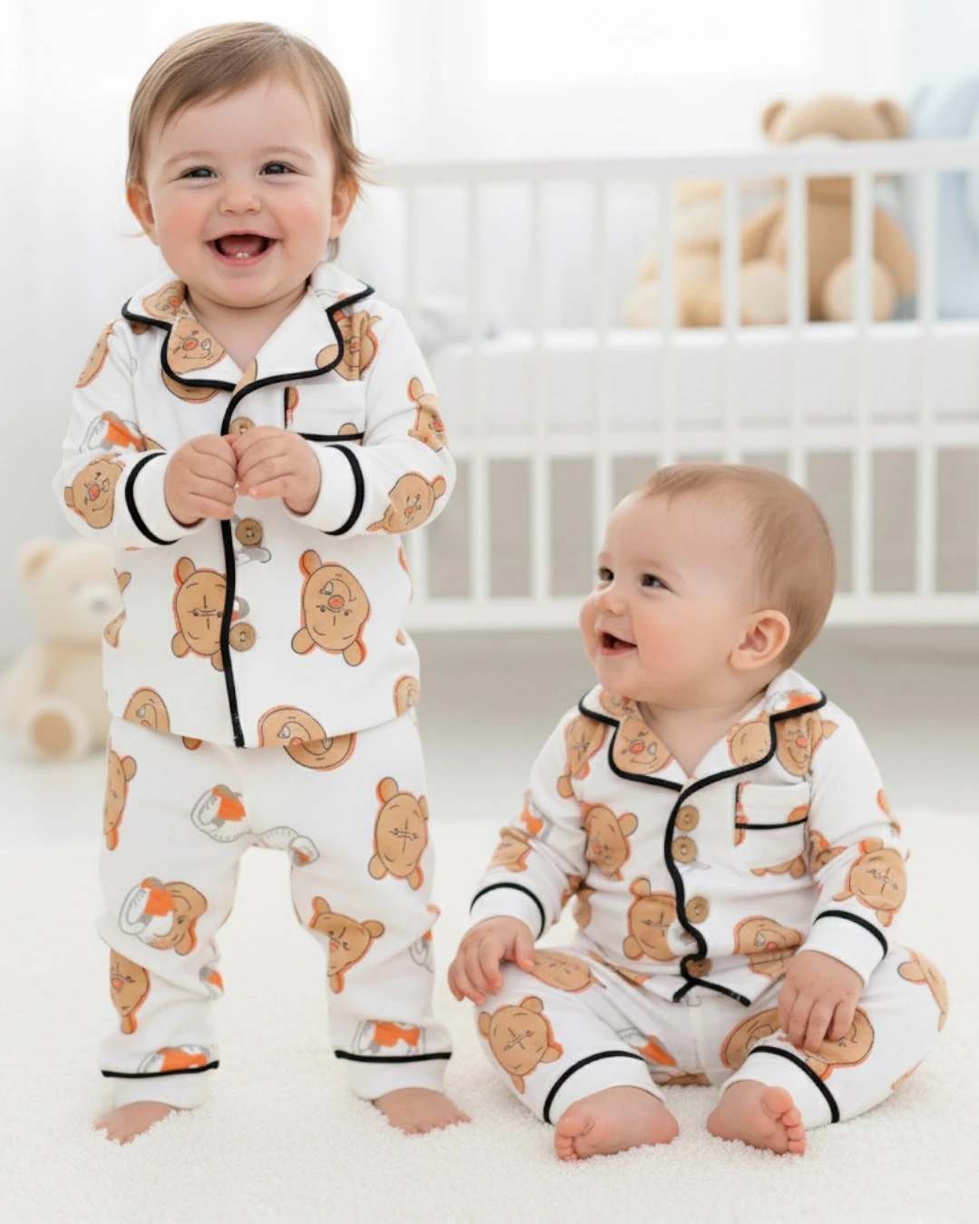 Kız ve Erkek Bebek Pooh Baskılı %100 Pamuklu Alt Üst Gecelik Takımı, 6-9-12-18-24 Ay Pijama Takımı R327