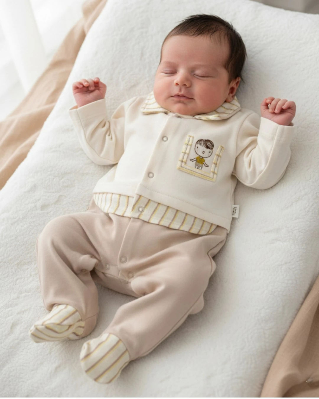 Erkek Bebek Yeni Doğan Bebek Tulumu, 0-3-6 Aylık Süveter Görünümlü Şık Yakalı Bebek Tulum R2374 - KREM