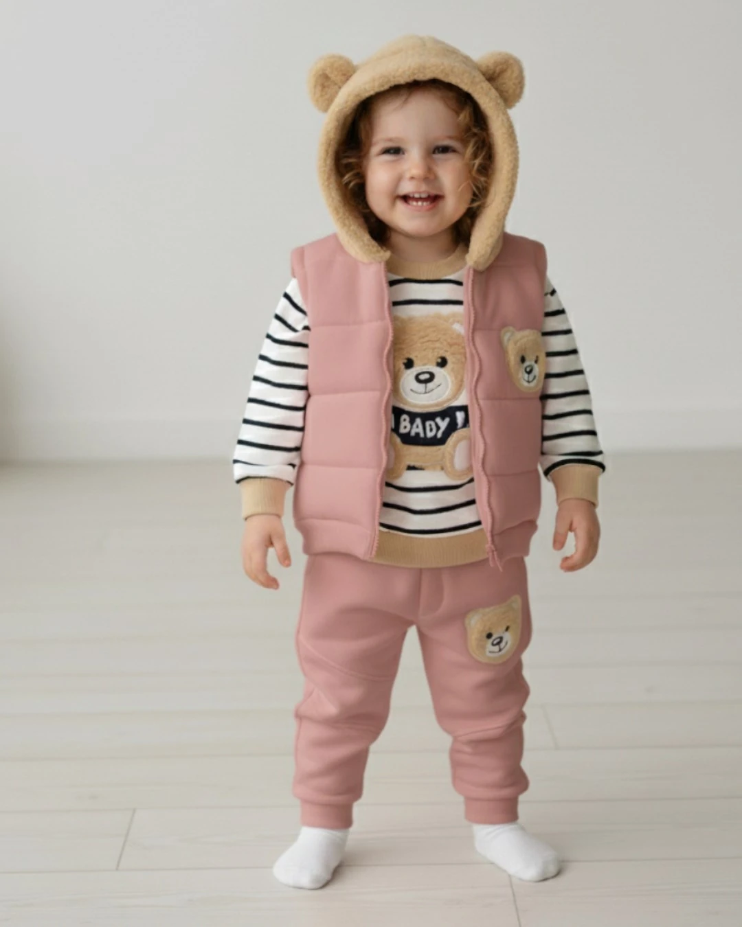 Kız Bebek 3 İp Şardonlu, Welsoft Kapüşonu Kulak Detaylı 6-9-12-18 Aylık, 2-3-4 Yaş 3 Parça Kışlık Takım R2240 - GÜL KURUSU