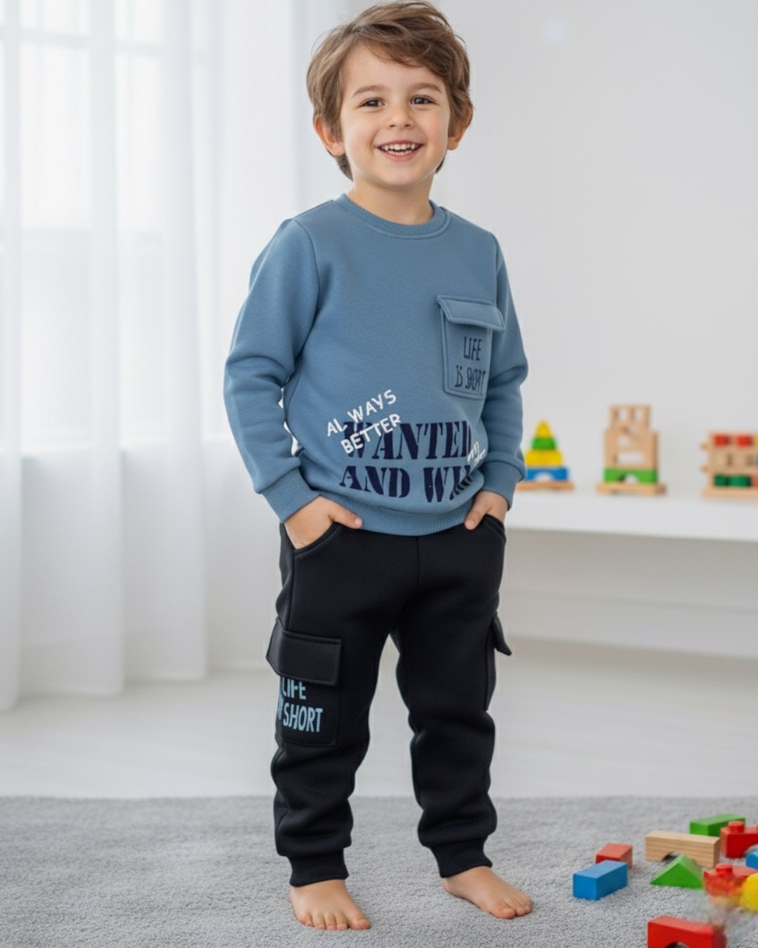 ERKEK ÇOCUK 3 İP ŞARDONLU KIŞLIK EŞOFMAN TAKIMI / 2-10 YAŞ / ERKEK ÇOCUK SWEATSHİRT, EŞOFMAN ALTI R2272 - MAVİ