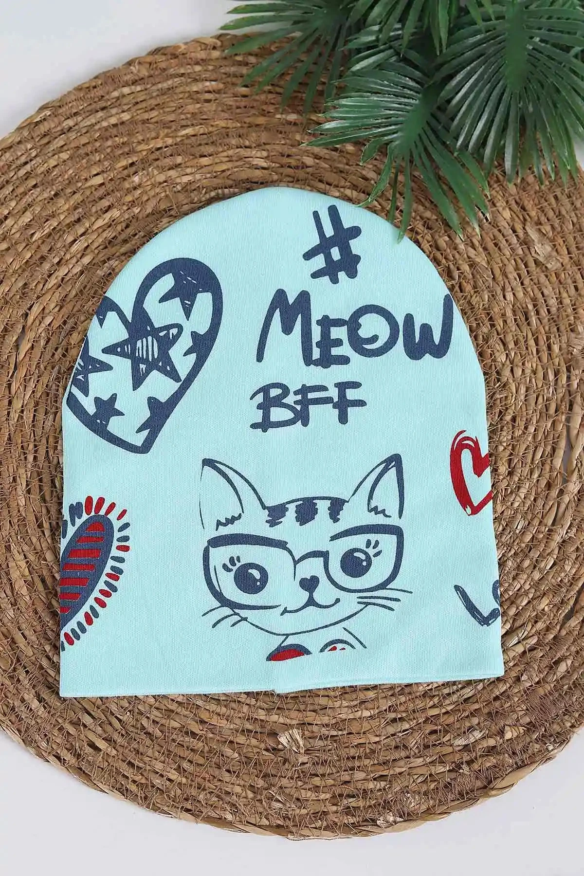 Kedi Baskılı Penye Kumaş Çocuk Beresi 1-3 Yaş BR35 - TURKUAZ