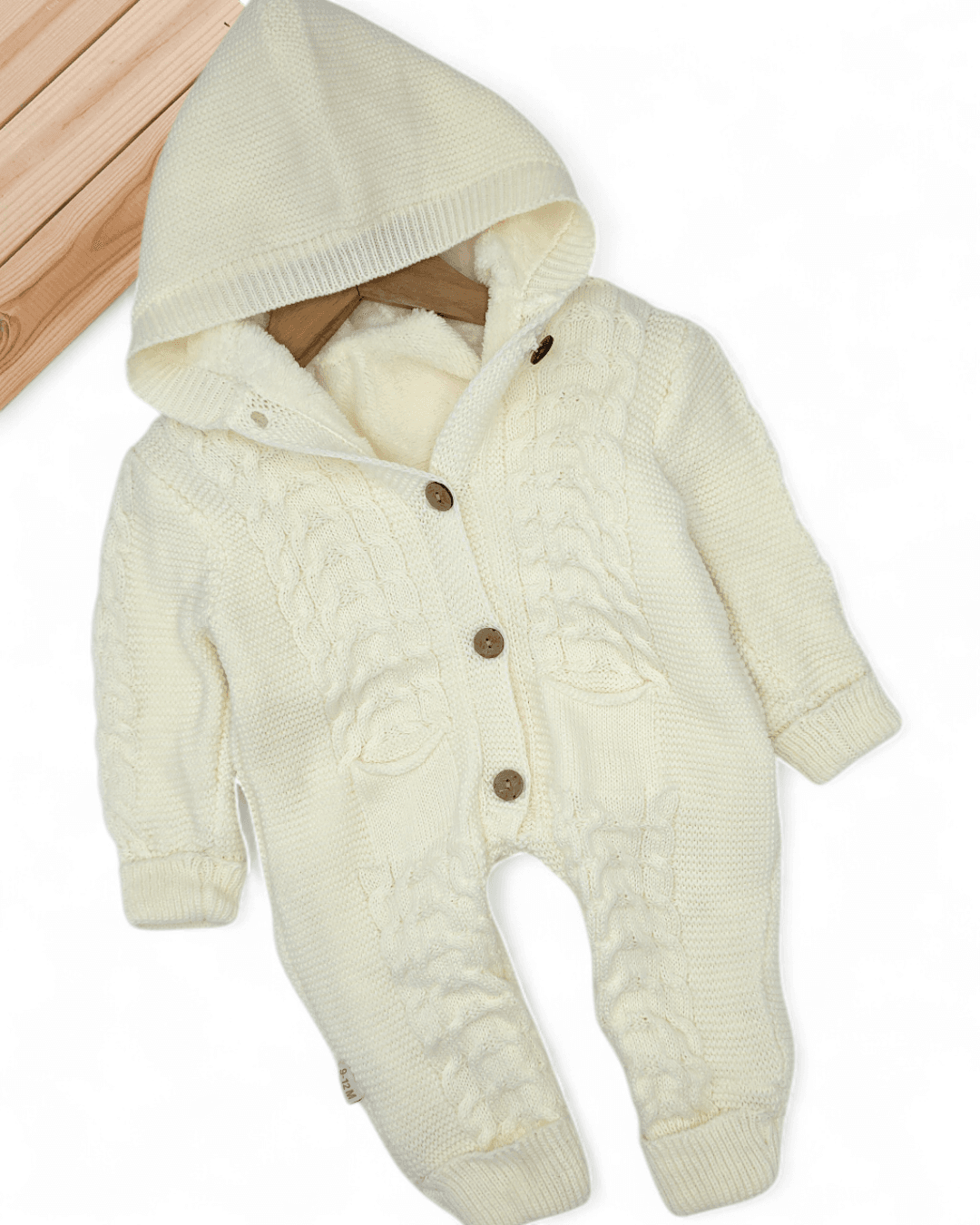 Kışlık Triko Bebek Tulumu, İçi Welsoftlu Düğmeli, Kapüşonlu 3-6-9-12 Aylık Kalın Peluş Tulum R2200