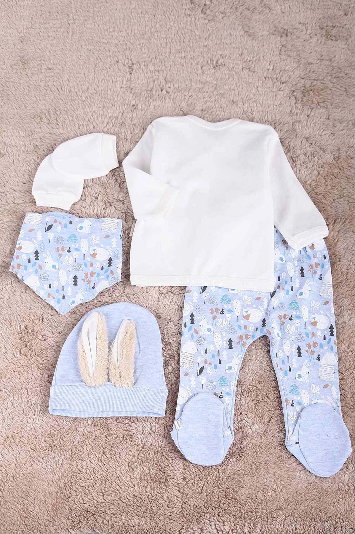 ORGANİK ERKEK KOALA NAKIŞLI  BEBEK MEVSİMLİK 5 PARÇA HASTANE ÇIKIŞI ZIBIN SETİ 0-3 AY KULAKLI BEBEK TAKIMI R1513