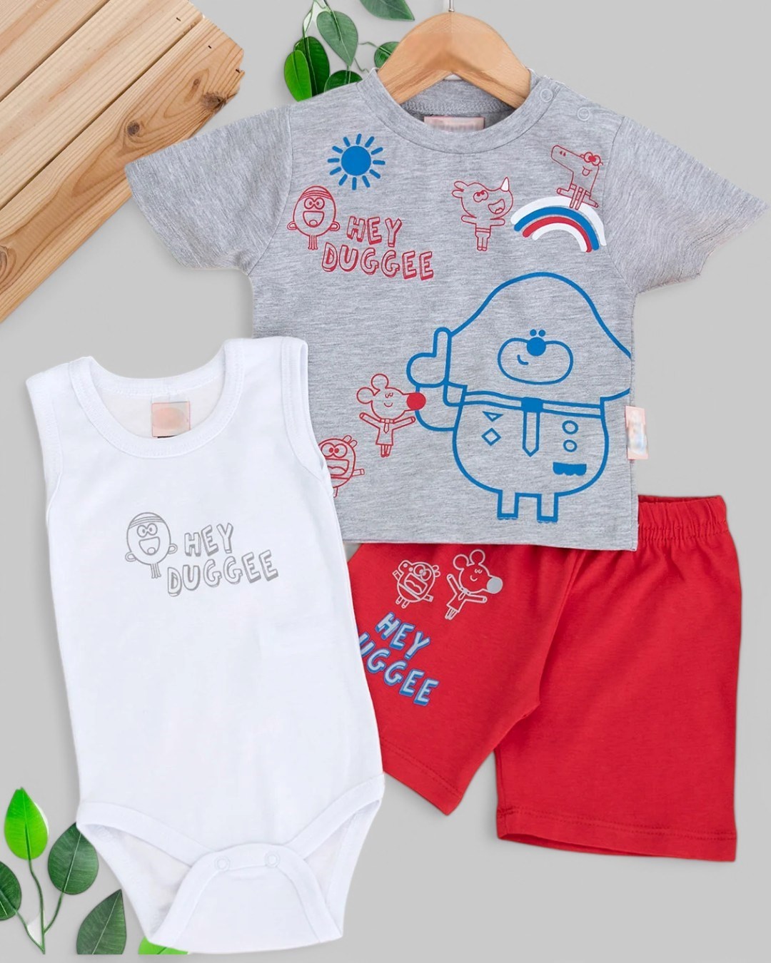 ERKEK BEBEK 3 PARÇA YAZLIK ÇITÇITLI BODYLİ BASKILI İNTERLOK 6-9-12-18-24 AY BEBEK TAKIMI R1689 - GRİ