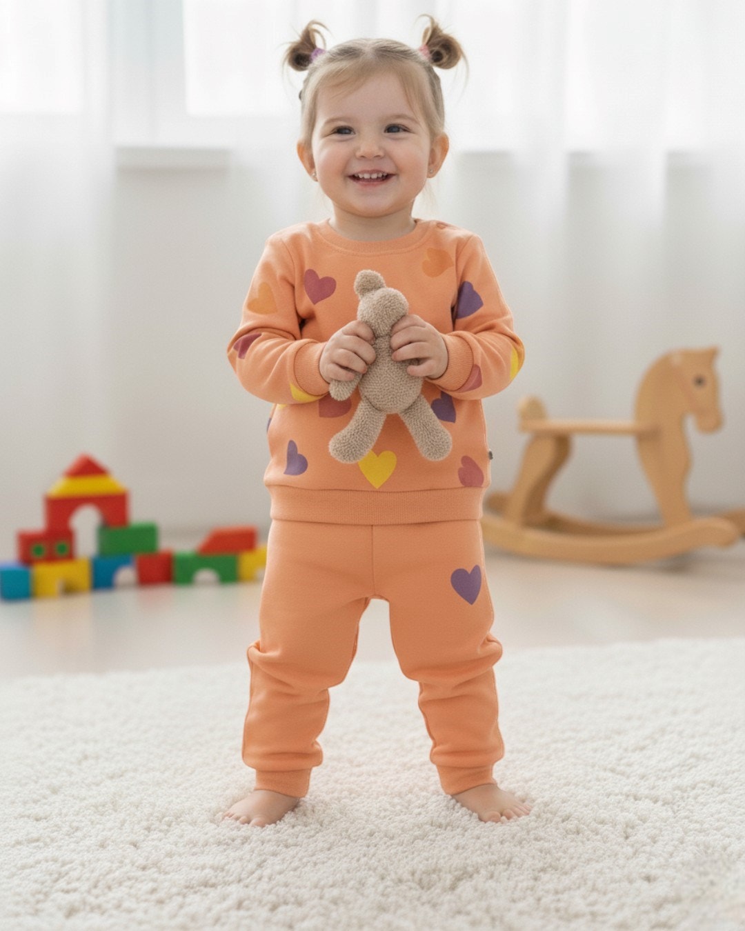 Kız Bebek Mevsimlik Kalp Baskılı Bebek Takımı, Uzun Kollu , Bisiklet Yaka Mevsimlik 6-24 Ay R963 - TURUNCU
