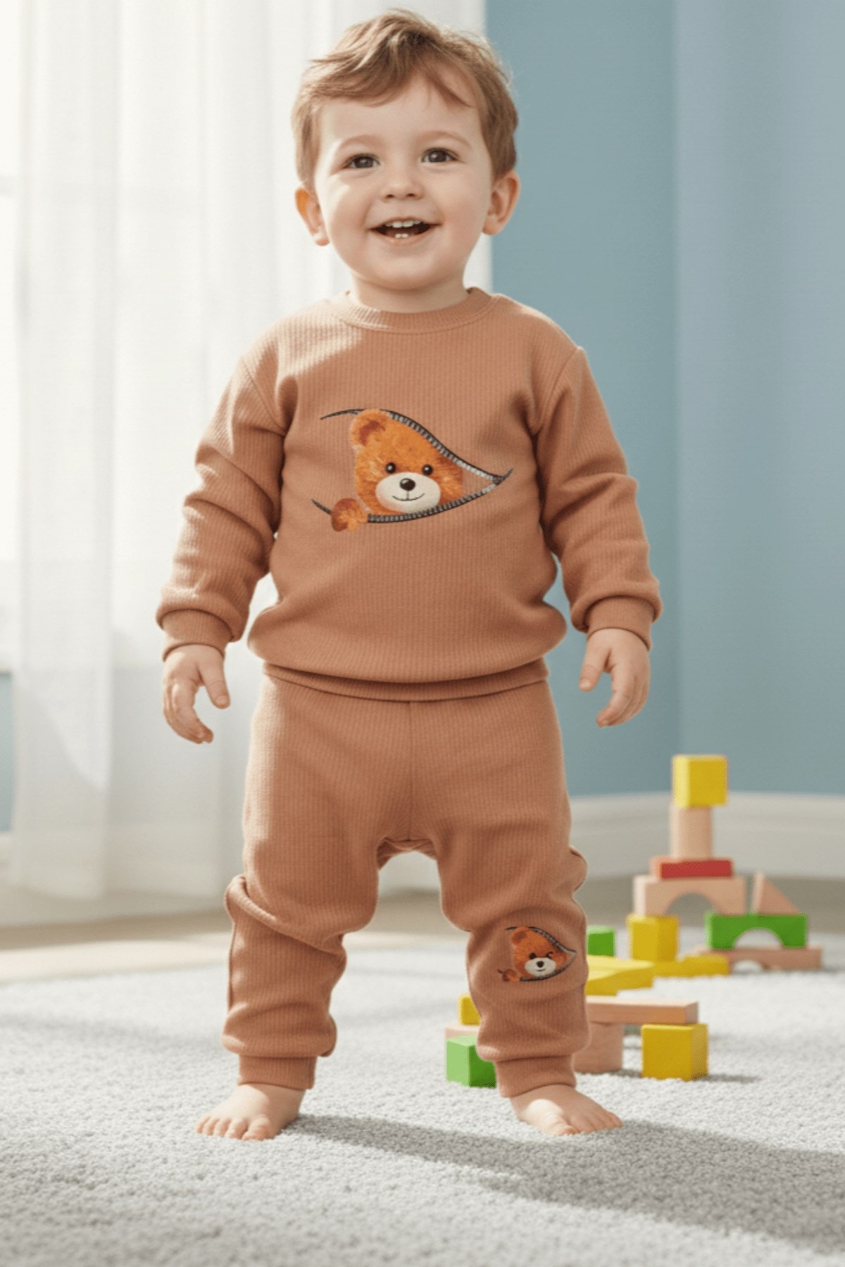 Ayıcıklı Fermuar Desenli Fitilli Pamuklu Erkek Bebek Takımı | Bebek Eşofman Pijama Alt Üst Takım R2208 - KAHVERENGİ