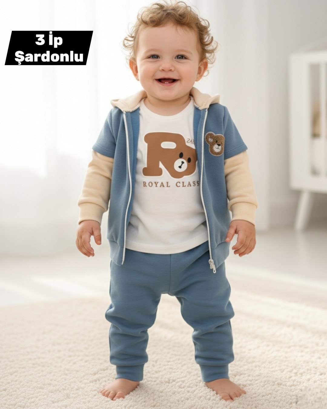 Erkek Bebek Ayıcık Baskılı, Kışlık 3 İp Şardonlu Ceket ve Altlı, İnce Badili 6-9-12-18-24 Ay 3'lü Ta