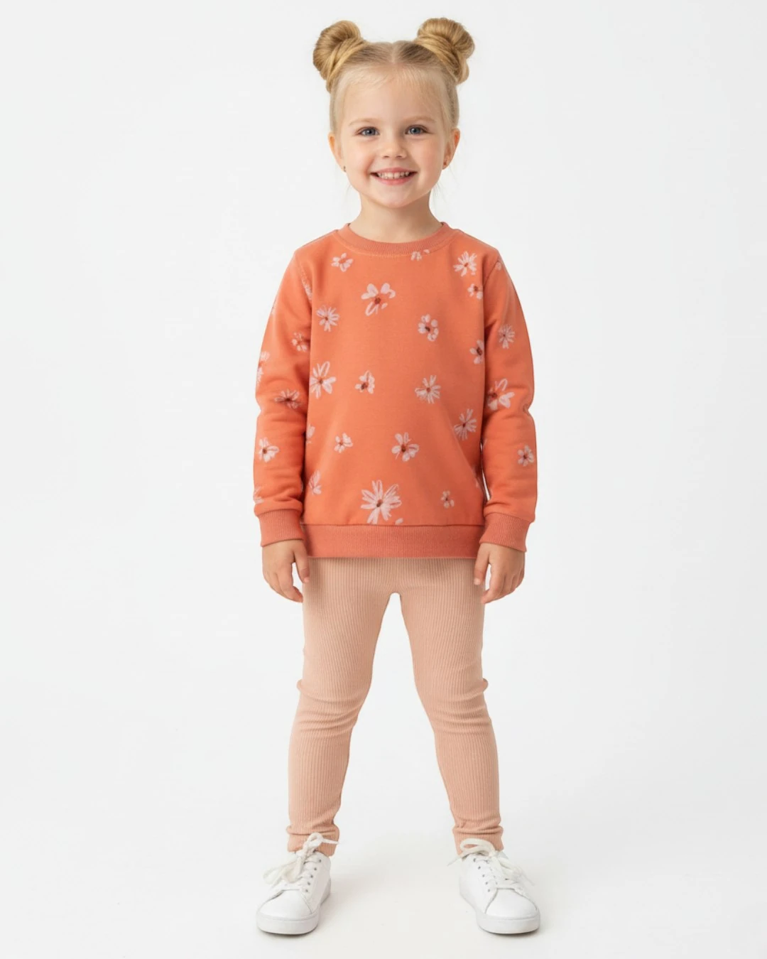 Kız Çocuk Mevsimlik 2-3-4-5-6-7-8-9-10 Yaş Fitilli Taytlı Çiçek Baskılı Eşofman Takımı R2141 - TURUNCU