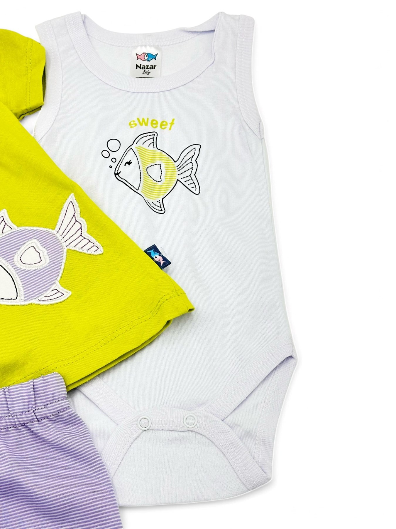 KIZ BEBEK YAZLIK 6-9-12-18-24 AY 3 PARÇA ÇITÇITLI BODYLİ BALIK NAKIŞLI TAKIM R1766