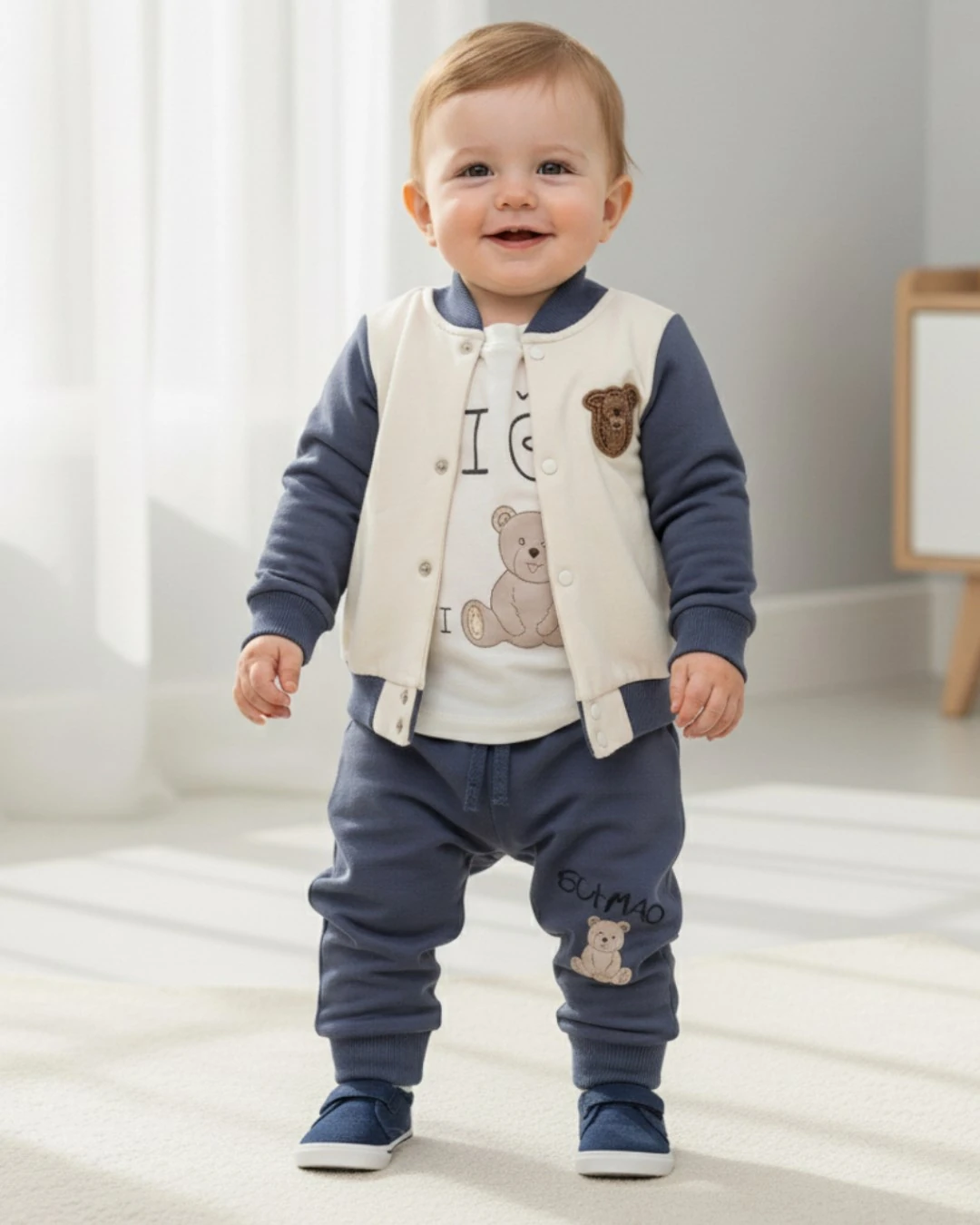 Erkek Bebek 3'lü Mevsimlik Takım | Kolej Ceketli, Uzun Kollu Üst ve Alt Takım | 6-9-12-18-24 Ay R2339 - MAVİ