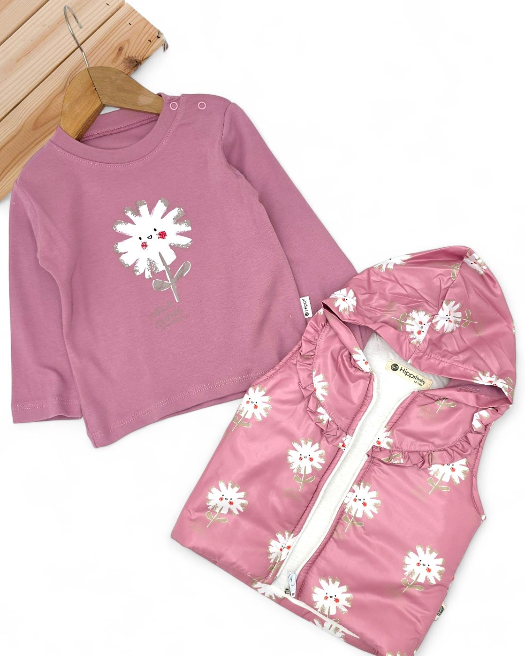 Kız Bebek Mevsimlik Şişme Yelekli, 3 Parça Alt Üst Takım , 6-9-12-18 Ay Yelekli Takım R2312