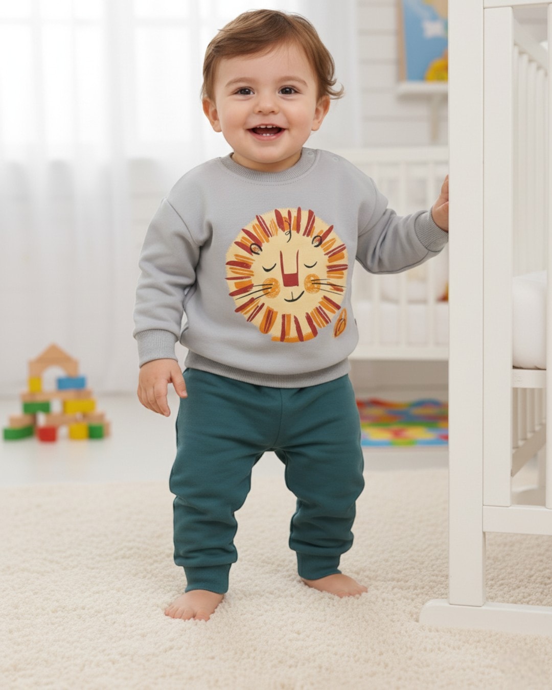 Erkek Bebek Mevsimlik Aslan Baskılı 3-6-9-12-18 Ay Uzun Kol Bisiklet Yakalı Alt Üst Eşofman Takımı R1510 - YEŞİL
