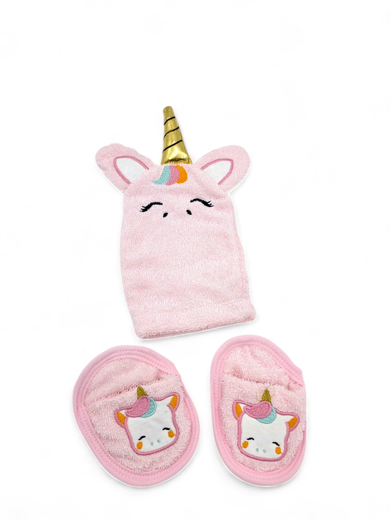 KIZ BEBEK 0-4 YAŞ PEMBE UNICORN DESENLİ HAVLU VE BORNOZ TAKIMI + KESE VE TERLİKLİ BANYO SETİ BN8