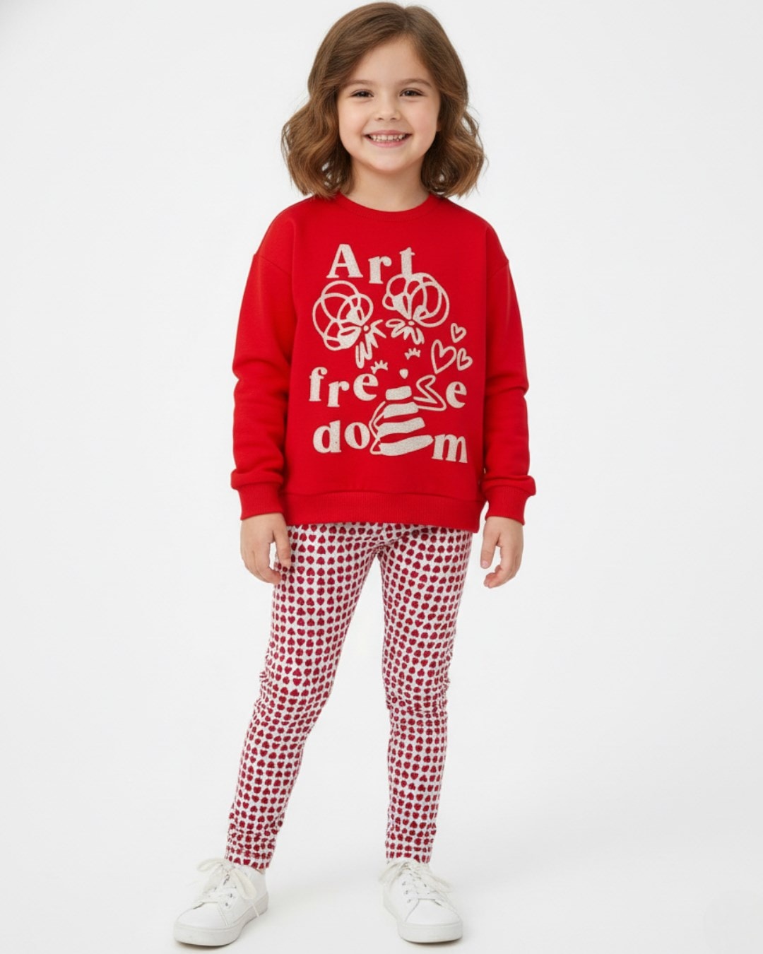 Kız Çocuk Kalp Baskılı Taytlı, Mevsimlik, 2-10 Yaş Sweatshirtlü Alt Üst Taytlı Takım R2318  - KIRMIZI